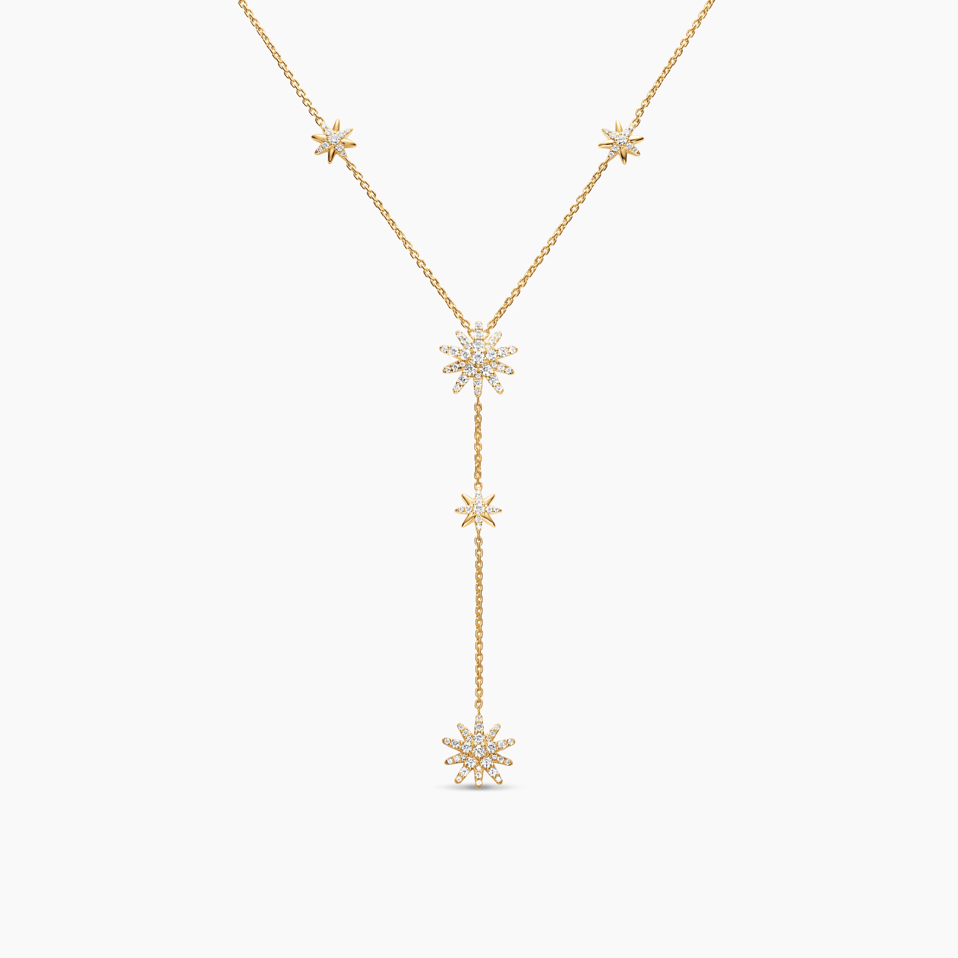 Womens Starburst Y Necklace in 18K Yellow Gold with Diamonds, 76.7mm