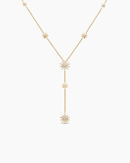 Womens Starburst Y Necklace in 18K Yellow Gold with Diamonds, 76.7mm