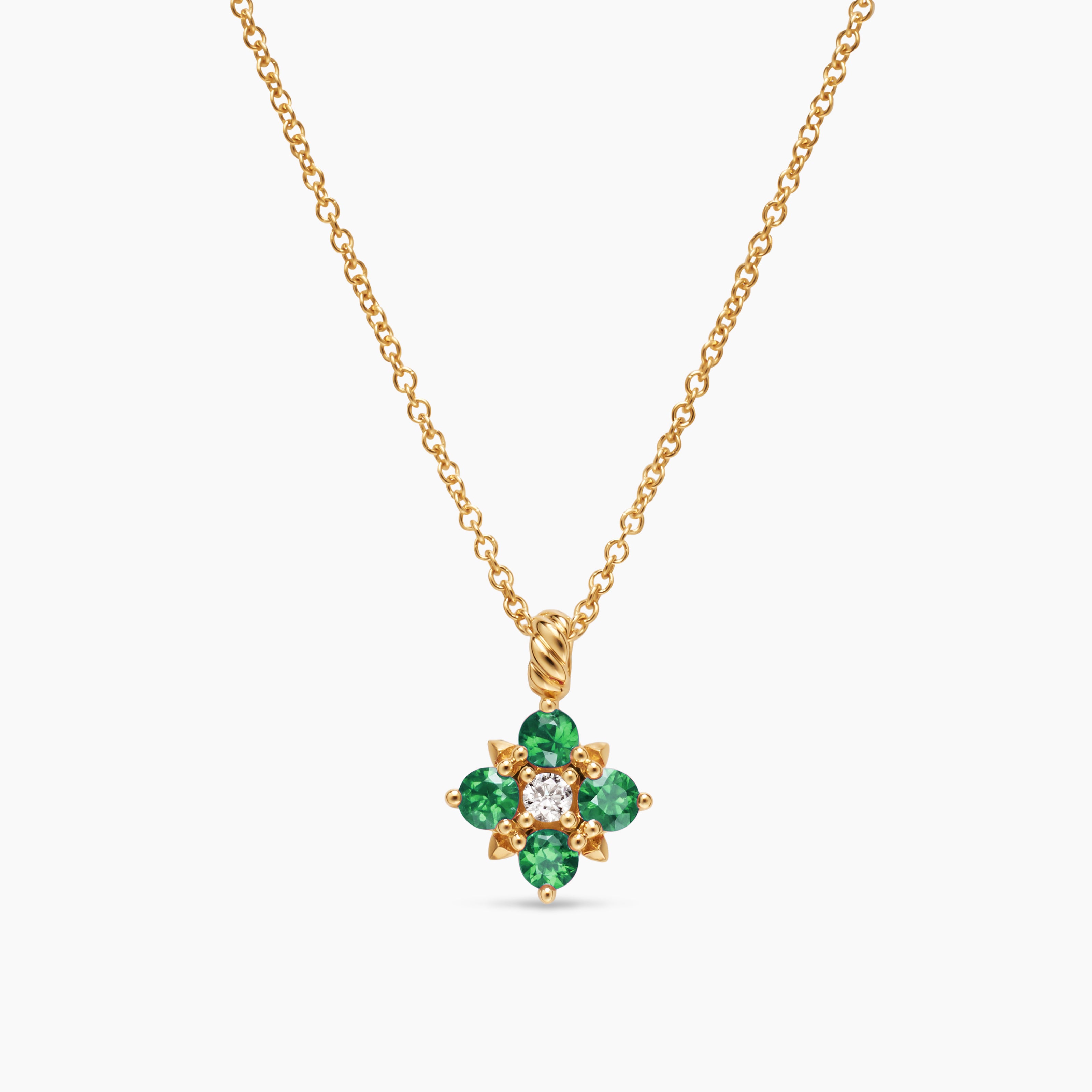 Womens Petite Modern Renaissance&reg; Pendant Necklace in 18K Yellow Gold with Emeralds and Diamond, 9.2mm