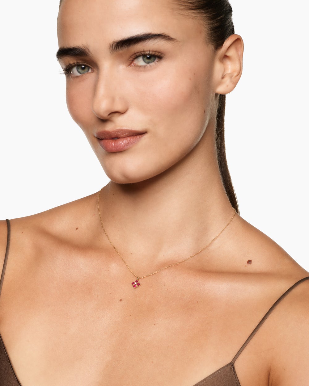 Womens Petite Modern Renaissance® Pendant Necklace in 18ct Yellow Gold with Rubies and Diamond, 9.2mm
