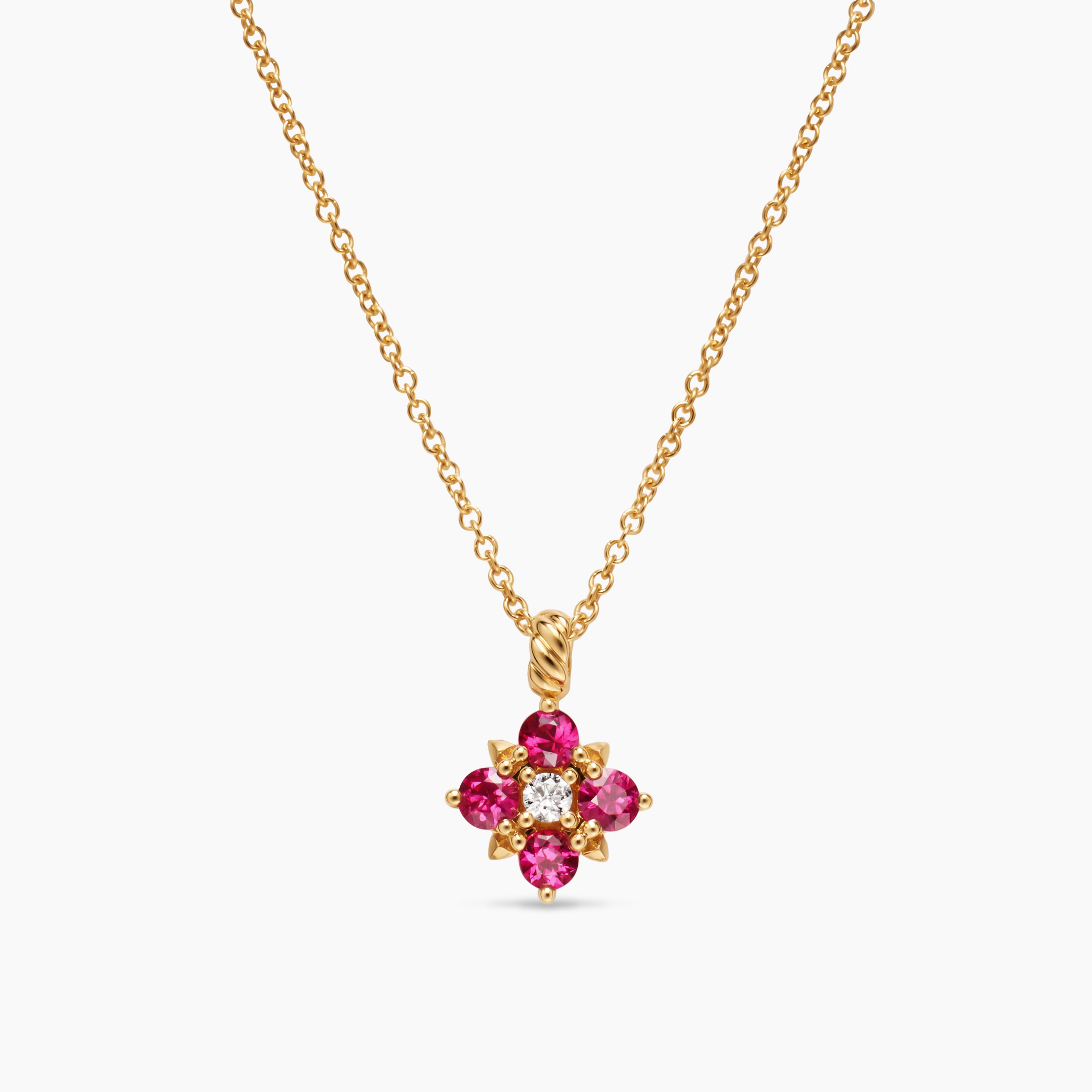 Womens Petite Modern Renaissance&reg; Pendant Necklace in 18K Yellow Gold with Rubies and Diamond, 9.2mm