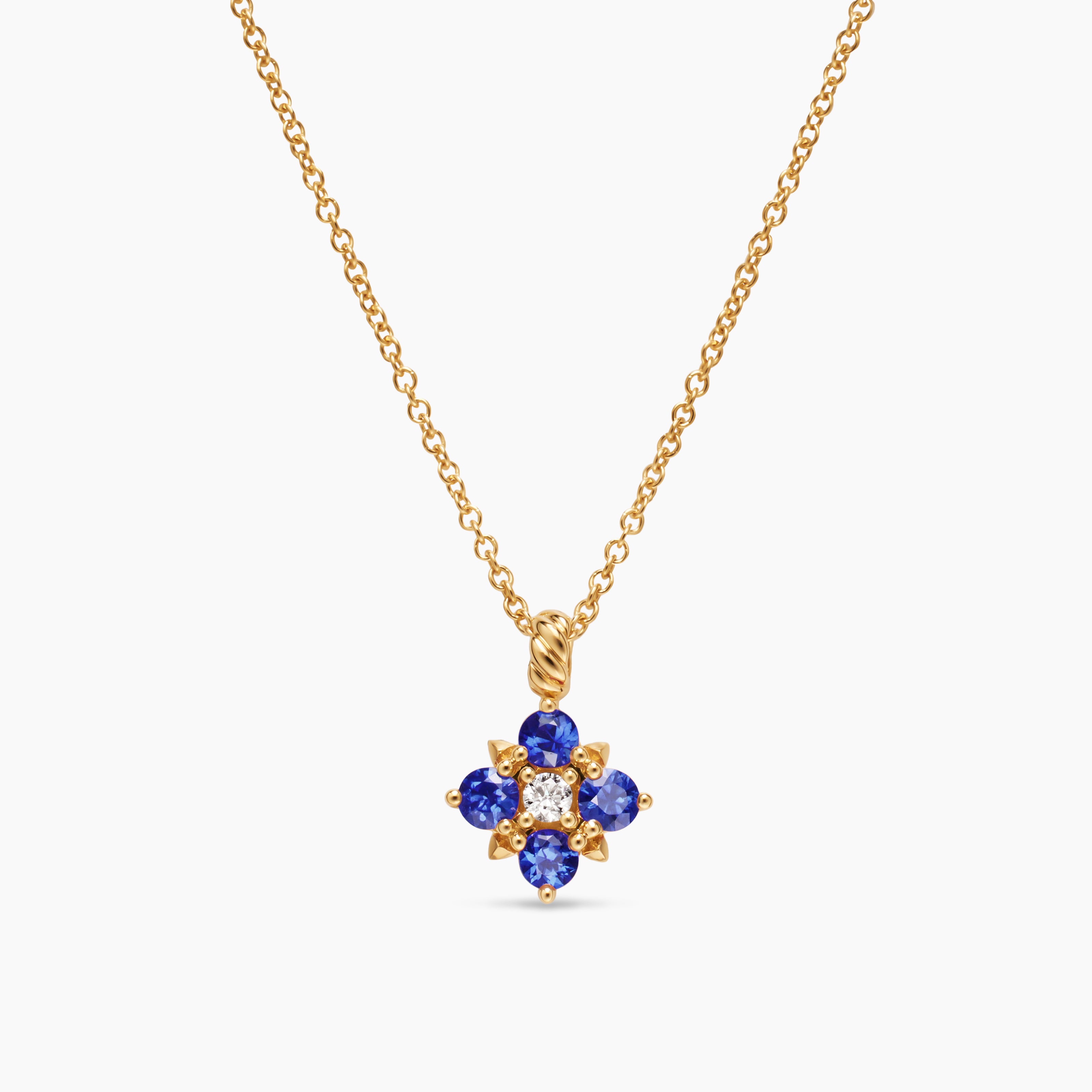 Womens Petite Modern Renaissance&reg; Pendant Necklace in 18K Yellow Gold with Sapphires and Diamond, 9.2mm