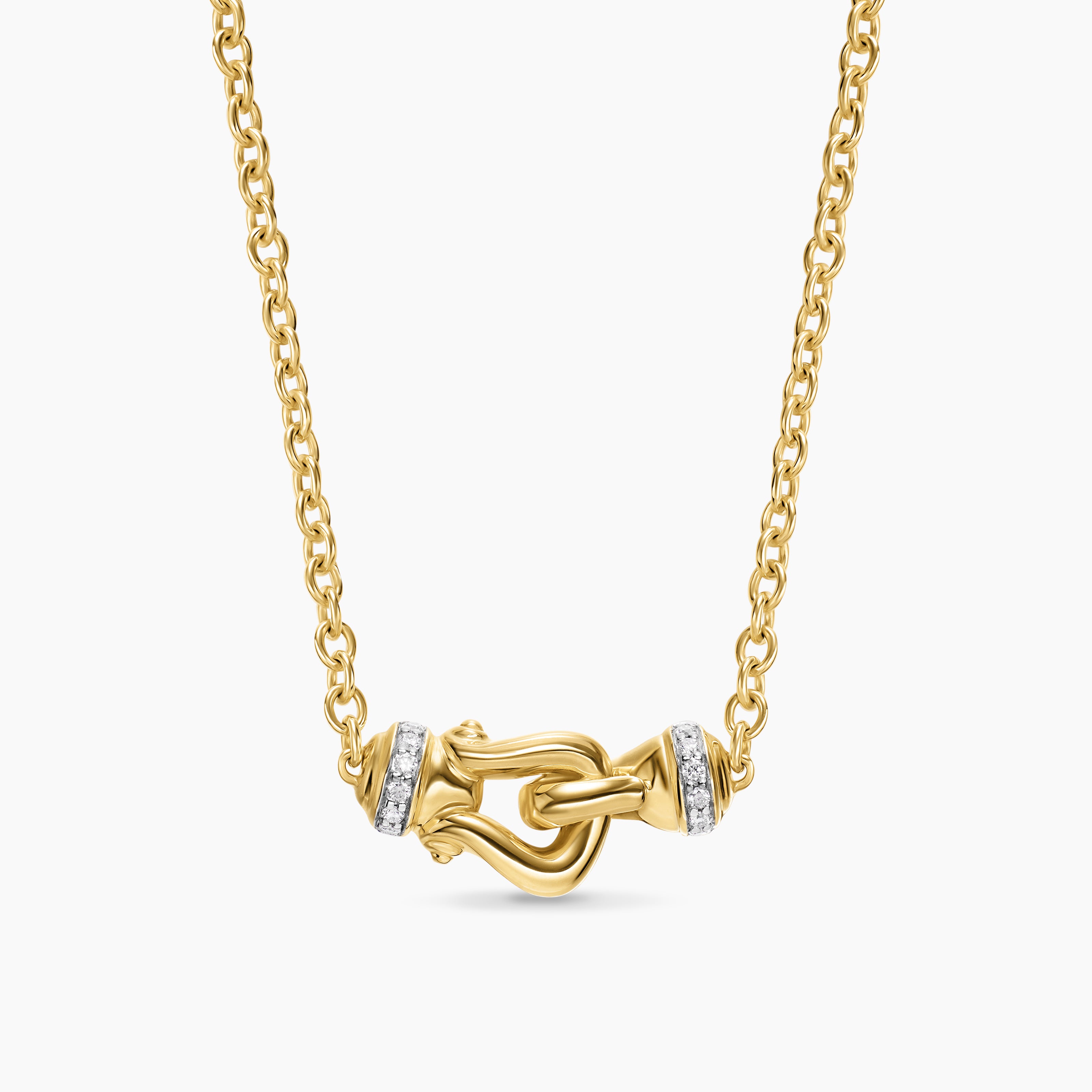 Womens Petite Buckle Necklace in 18K Yellow Gold with Diamonds, 16.3mm