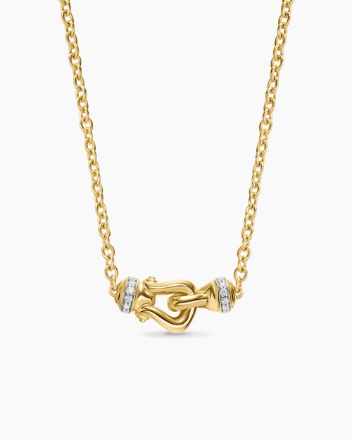 Womens Petite Buckle Necklace in 18K Yellow Gold with Diamonds, 16.3mm