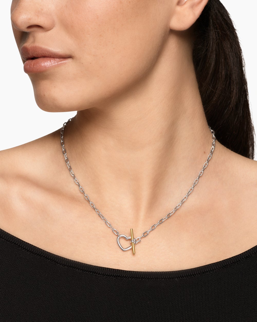 Collier chaîne avec cœur et à fermoir en T DY Madison en argent sterling avec or jaune 18 carats, 3 mm femmes
