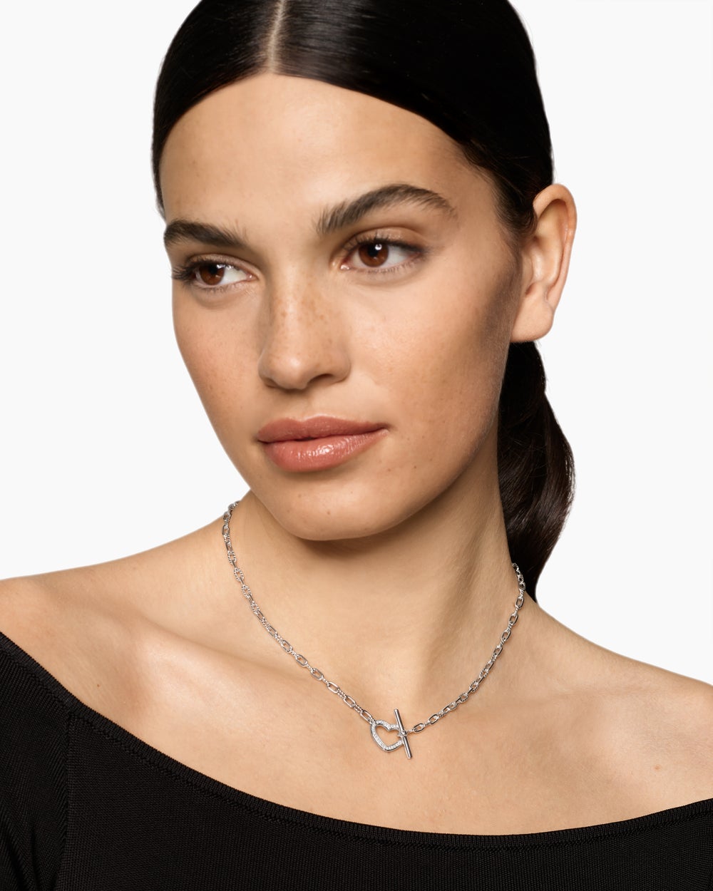 Womens DY Madison Heart Toggle Chain Necklace in Sterling Silver with Diamonds, 3mm