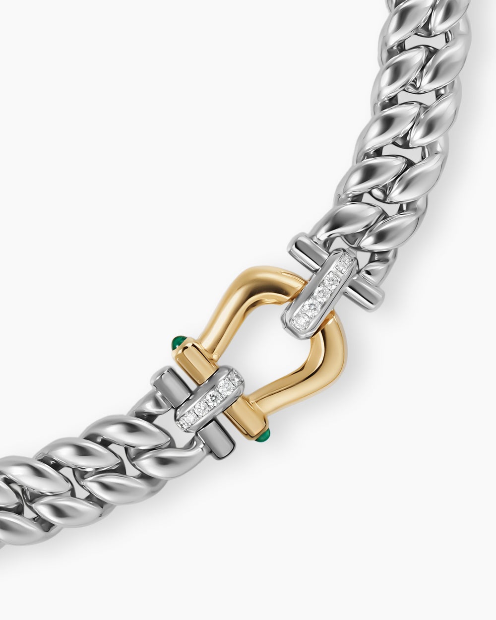 Womens Thoroughbred™ Buckle Curb Chain Necklace in Sterling Silver with 14K Yellow Gold, Green Onyx and Diamonds, 11.6mm