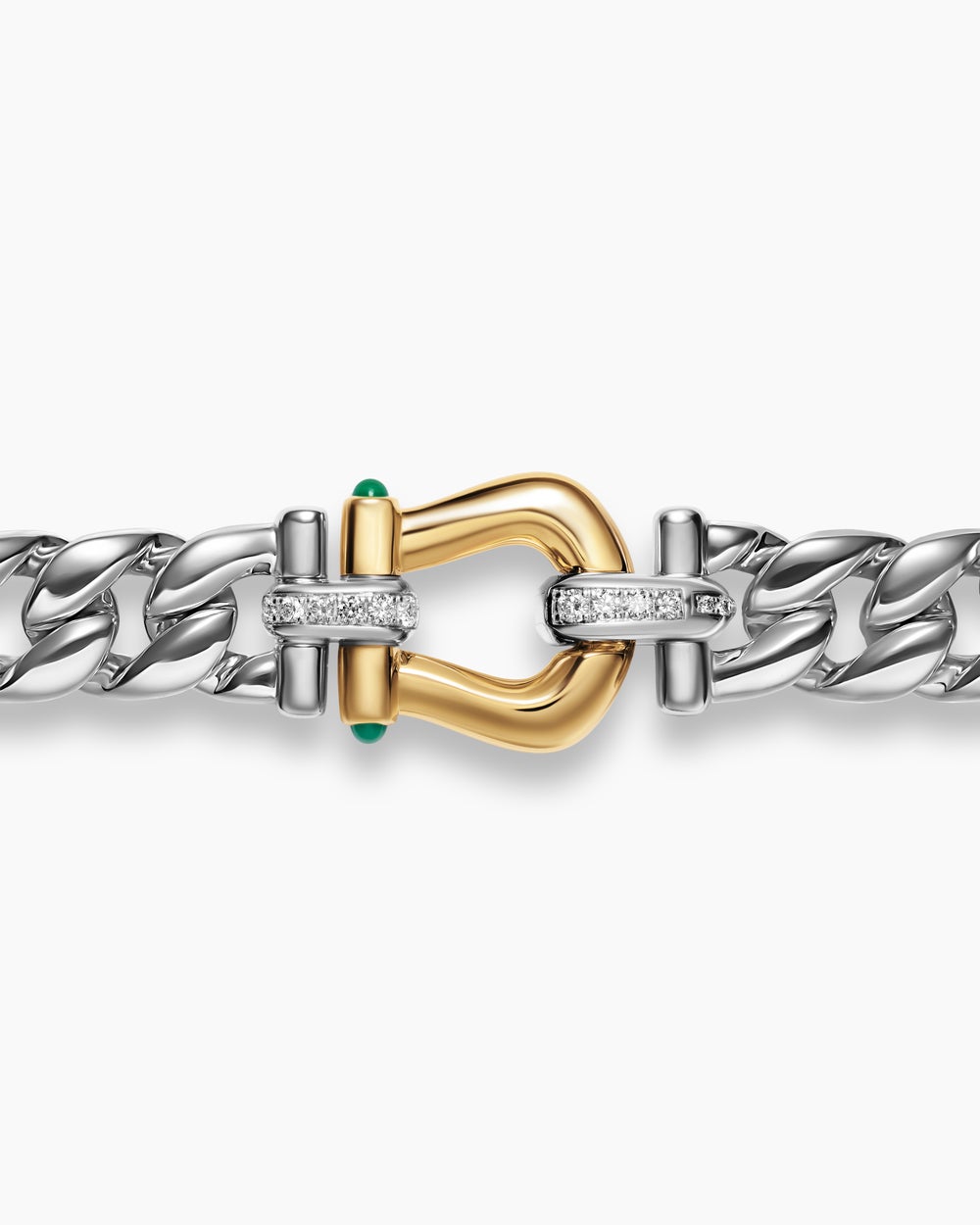 Womens Thoroughbred™ Buckle Curb Chain Necklace in Sterling Silver with 14K Yellow Gold, Green Onyx and Diamonds, 11.6mm