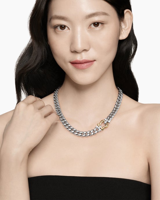 Thoroughbred™ Buckle Curb Chain Necklace in Sterling Silver with 14K Yellow Gold, Green Onyx and Diamonds, 11.6mm