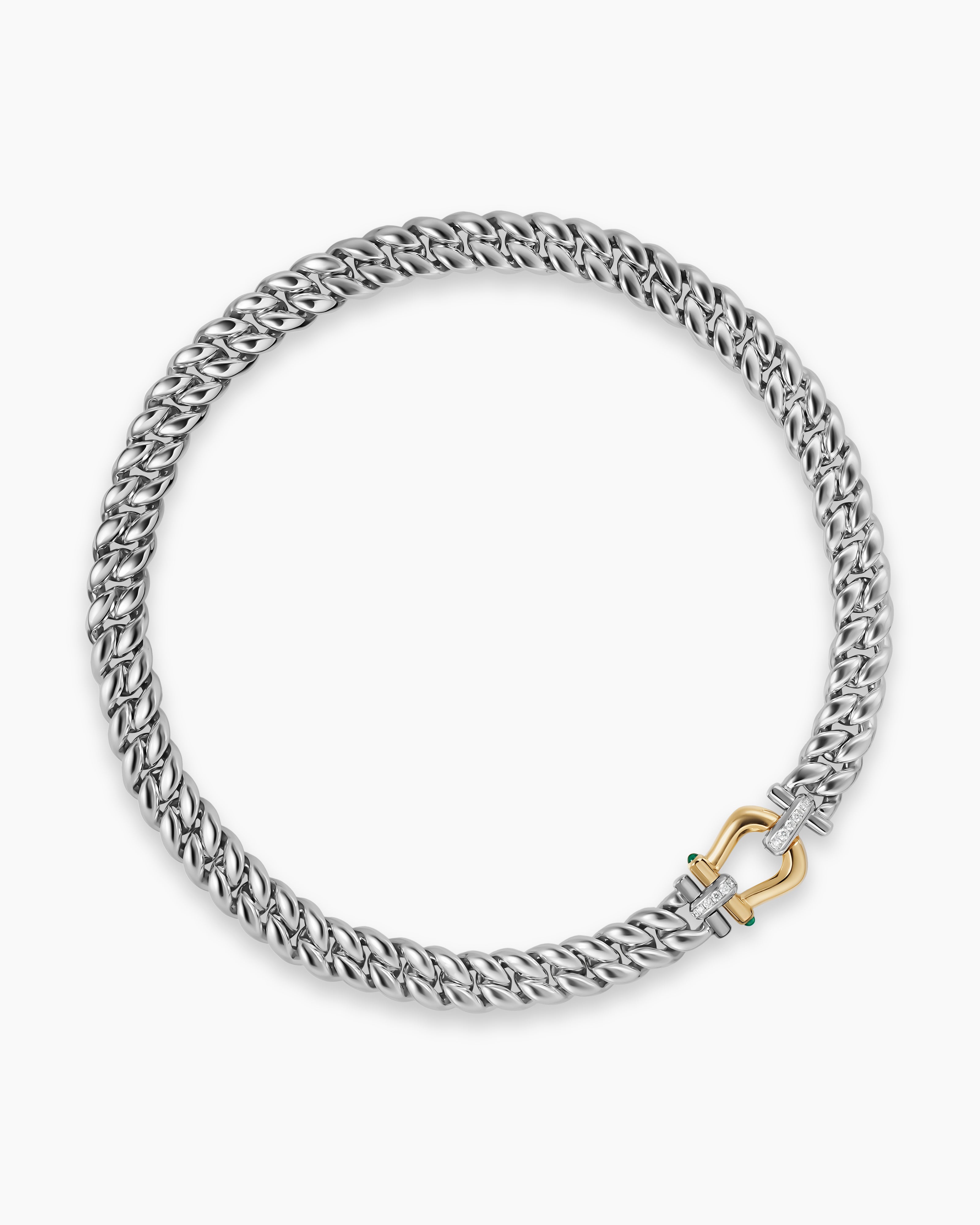 Collier Buckle Curb Chain Thoroughbred&trade; en argent massif et or jaune 14 carats avec onyx vert et diamants, 11,6 mm femme 