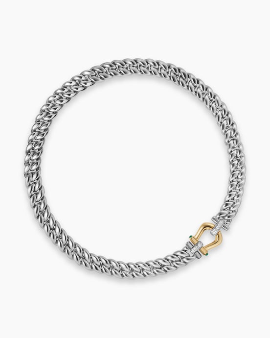 Thoroughbred™ Buckle Curb Chain Necklace in Sterling Silver with 14K Yellow Gold, Green Onyx and Diamonds, 11.6mm