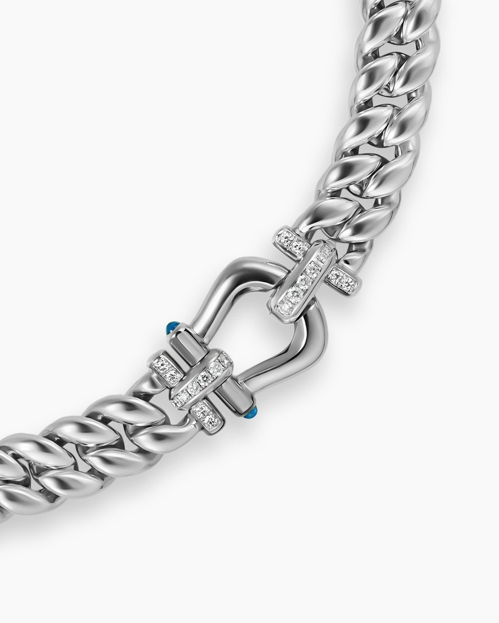 Womens Thoroughbred™ Buckle Curb Chain Necklace in Sterling Silver with Hampton Blue Topaz and Diamonds, 11.6mm