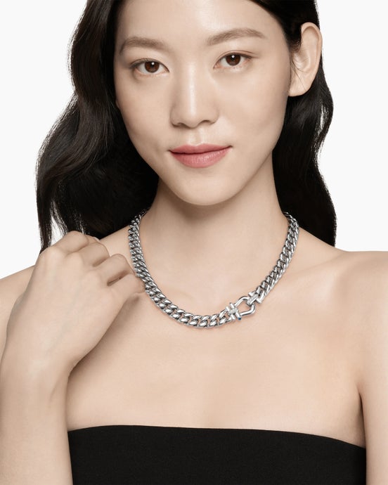 Thoroughbred™ Buckle Curb Chain Necklace in Sterling Silver with Hampton Blue Topaz and Diamonds, 11.6mm