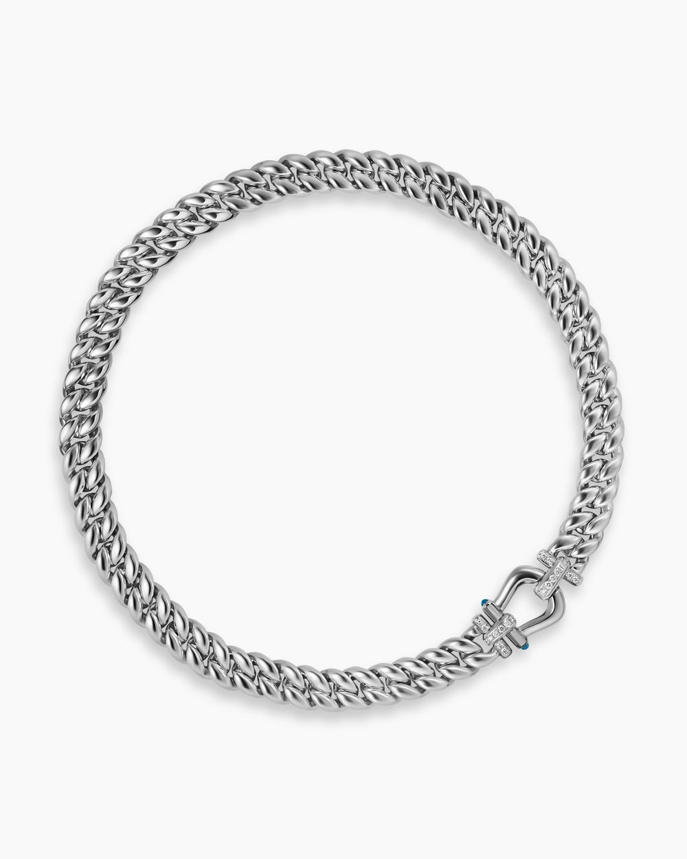 Womens Thoroughbred™ Buckle Curb Chain Necklace in Sterling Silver with Hampton Blue Topaz and Diamonds, 11.6mm