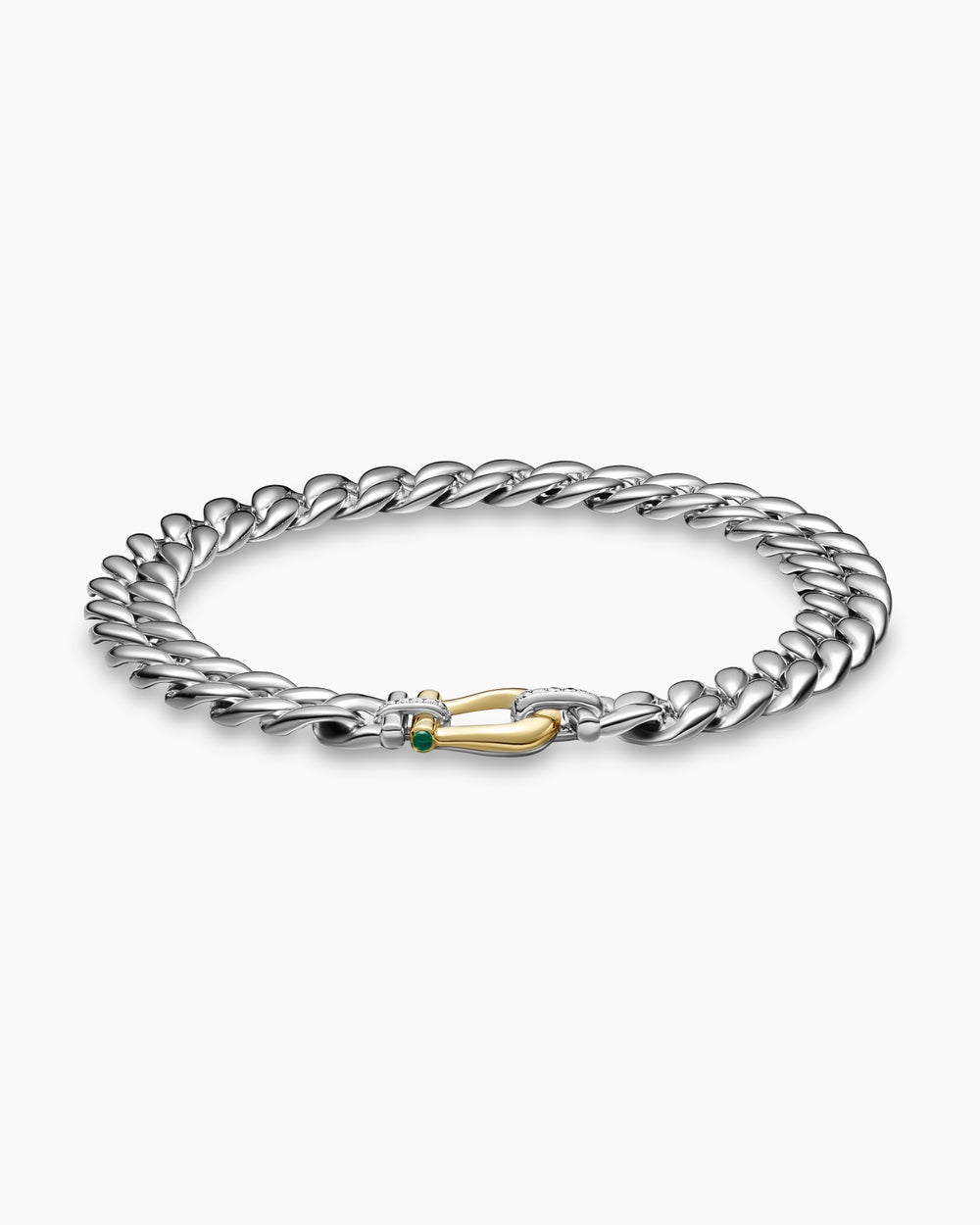 Womens Thoroughbred™ Buckle Curb Chain Necklace in Sterling Silver with 14K Yellow Gold with Green Onyx and Diamonds, 18mm