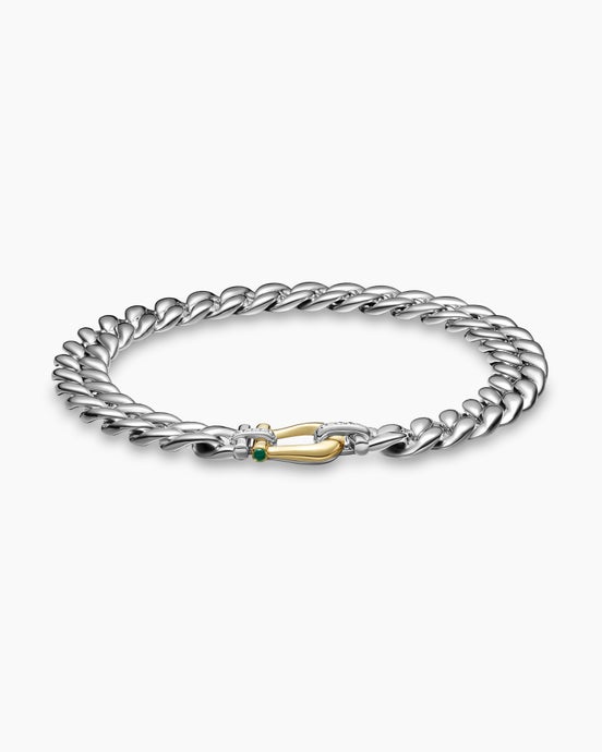 Thoroughbred™ Buckle Curb Chain Necklace in Sterling Silver with 14K Yellow Gold with Green Onyx and Diamonds, 18mm