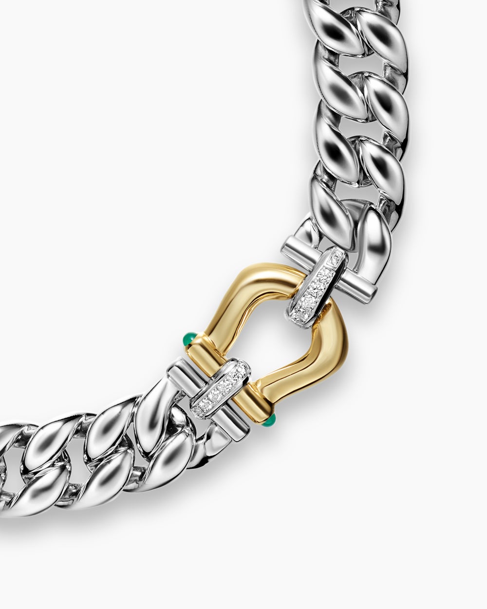 Womens Thoroughbred™ Buckle Curb Chain Necklace in Sterling Silver with 14K Yellow Gold with Green Onyx and Diamonds, 18mm