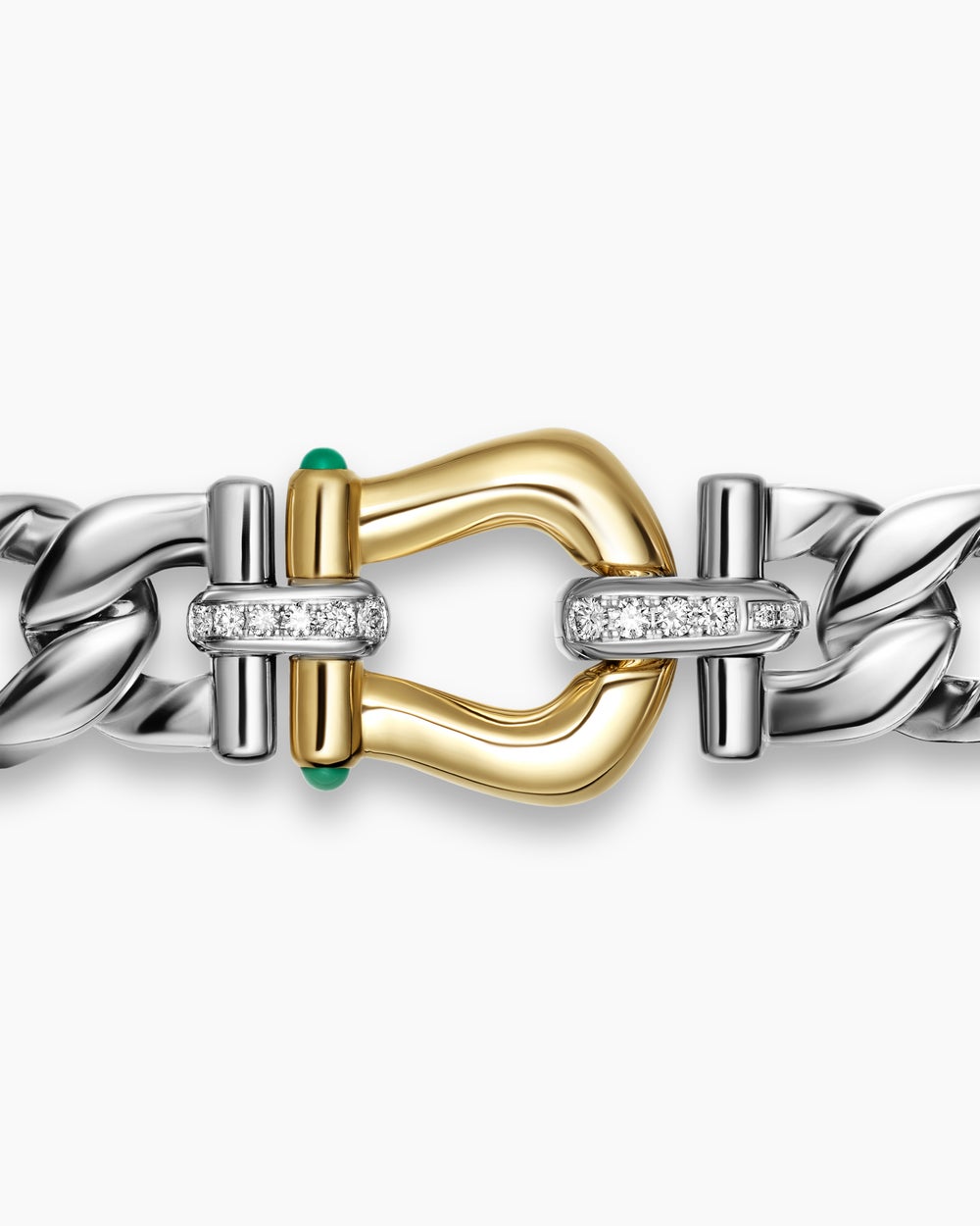 Womens Thoroughbred™ Buckle Curb Chain Necklace in Sterling Silver with 14K Yellow Gold with Green Onyx and Diamonds, 18mm