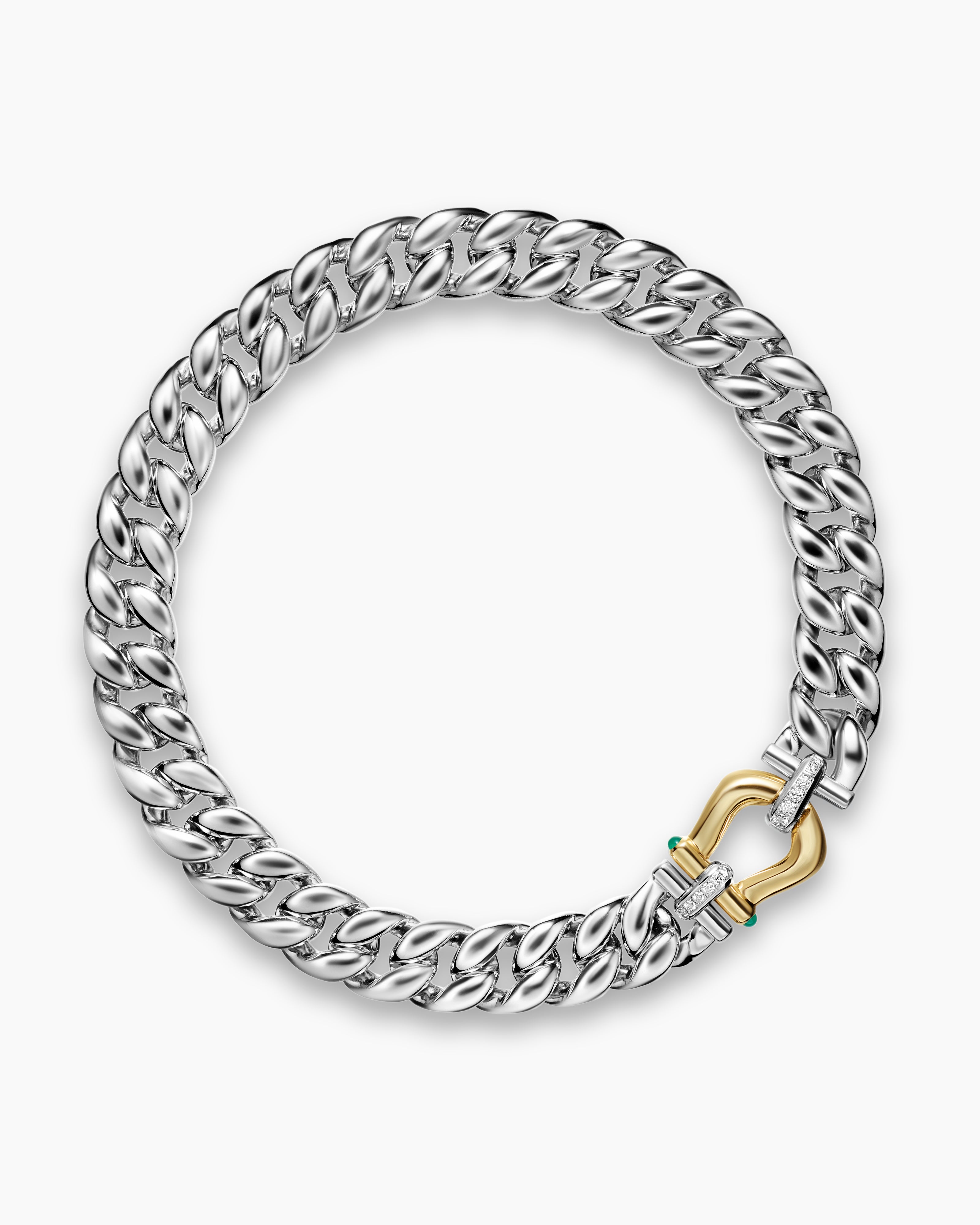 Collier Buckle Curb Chain Thoroughbred&trade; en argent massif et or jaune 14 carats avec onyx vert et diamants, 18 mm femme 
