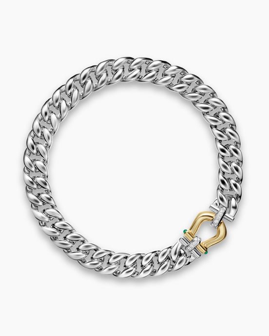Thoroughbred™ Buckle Curb Chain Necklace in Sterling Silver with 14K Yellow Gold with Green Onyx and Diamonds, 18mm
