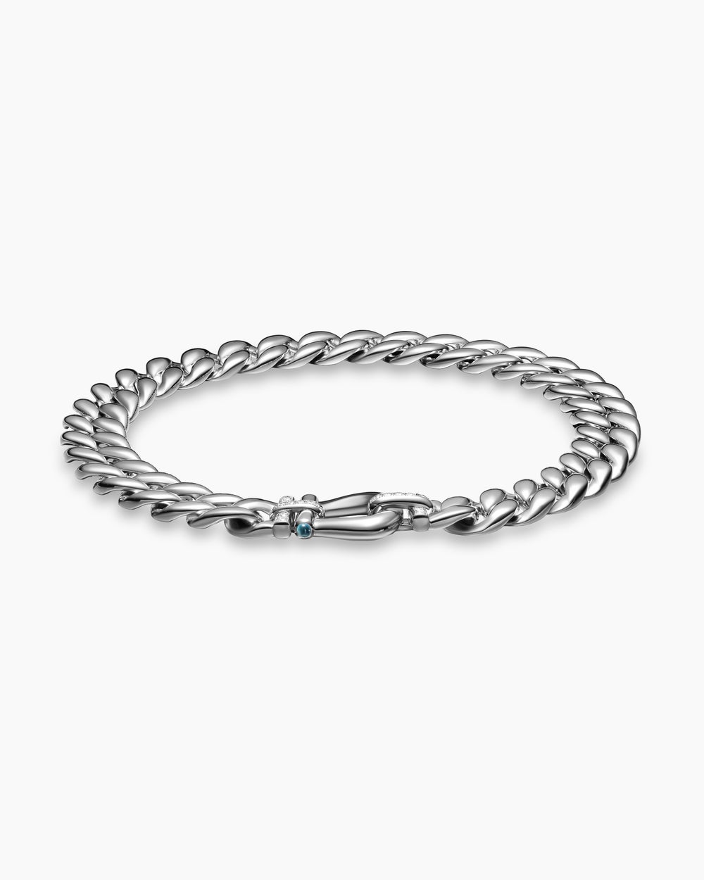 Womens Thoroughbred™ Buckle Curb Chain Necklace in Sterling Silver with Hampton Blue Topaz and Diamonds, 18mm