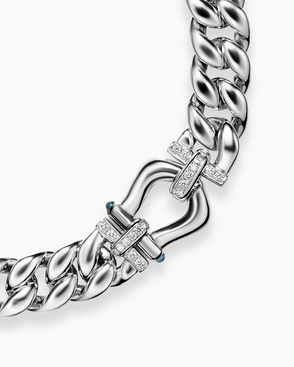 Womens Thoroughbred™ Buckle Curb Chain Necklace in Sterling Silver with Hampton Blue Topaz and Diamonds, 18mm