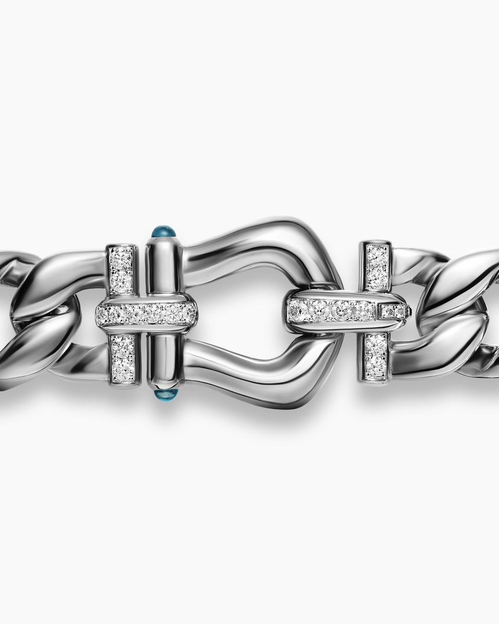 Womens Thoroughbred™ Buckle Curb Chain Necklace in Sterling Silver with Hampton Blue Topaz and Diamonds, 18mm