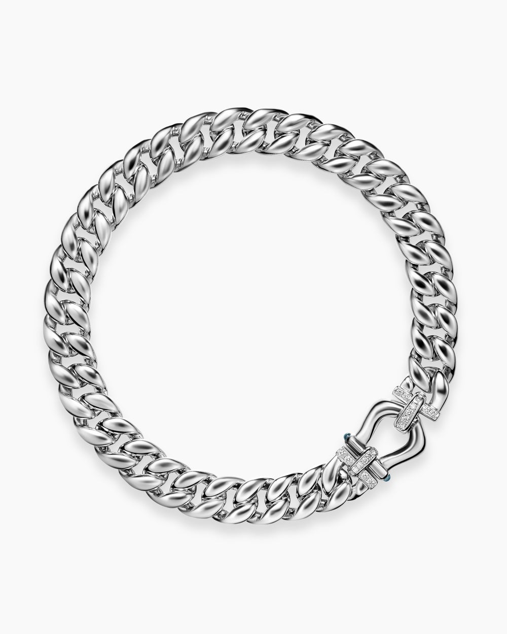 Womens Thoroughbred™ Buckle Curb Chain Necklace in Sterling Silver with Hampton Blue Topaz and Diamonds, 18mm