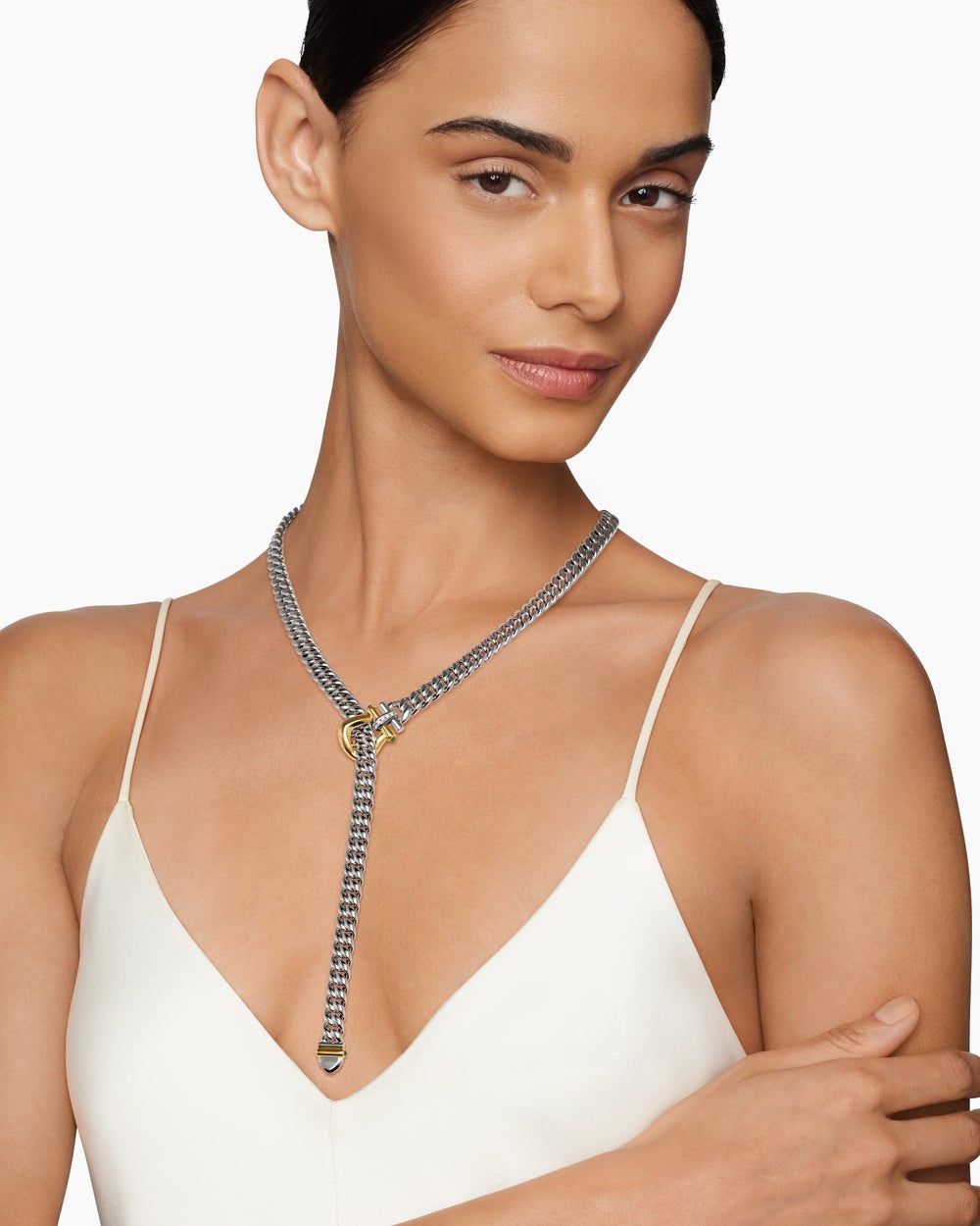 Womens Thoroughbred™ Buckle Lariat Necklace in Sterling Silver with 14K Yellow Gold with Green Onyx and Diamonds, 8.5mm