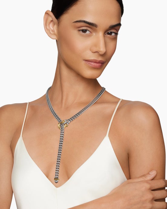 Thoroughbred™ Buckle Lariat Necklace in Sterling Silver with 14ct Yellow Gold with Green Onyx and Diamonds, 8.5mm