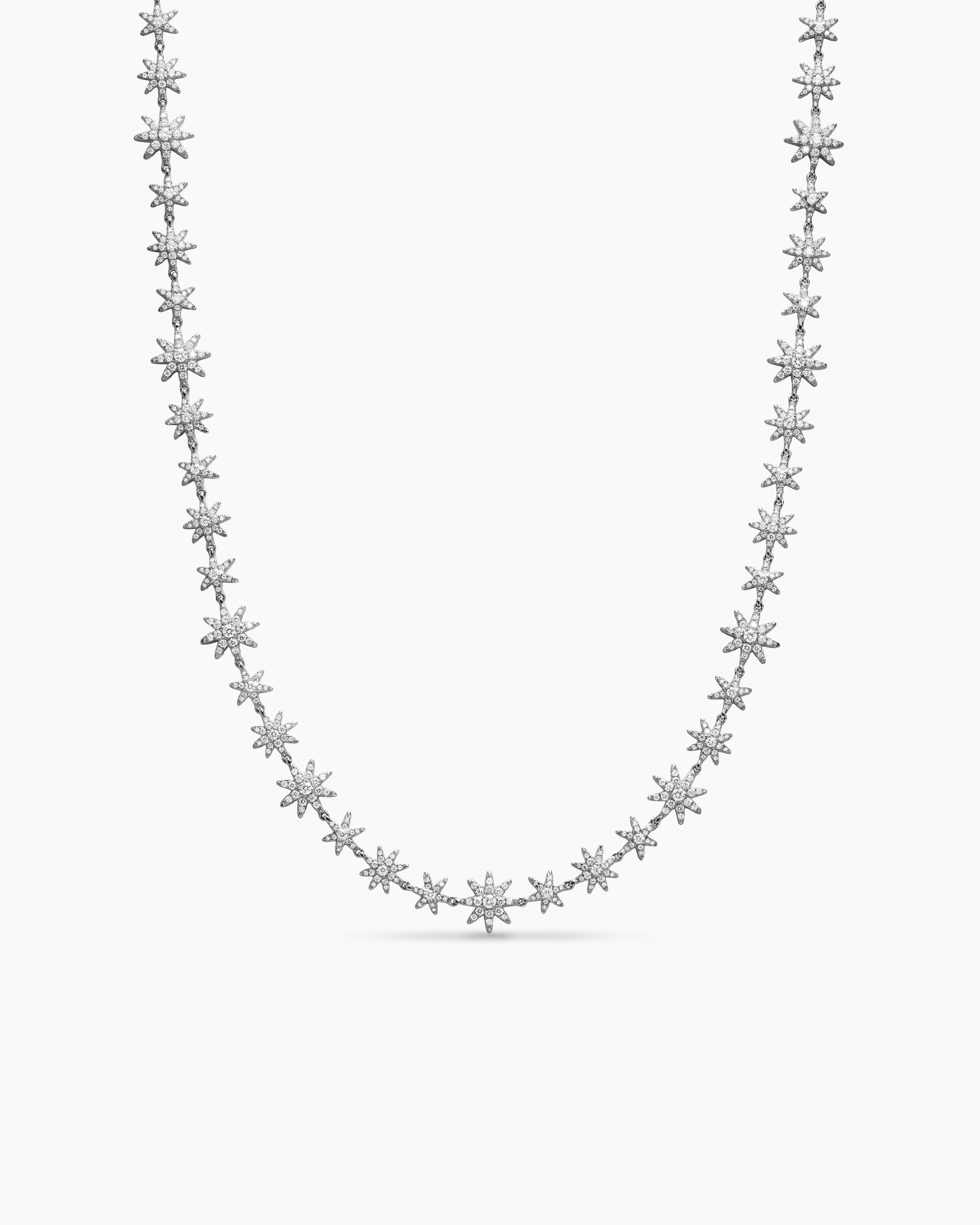 Womens Petite Starburst Tennis Necklace in 18K White Gold with Diamonds, 8.8mm