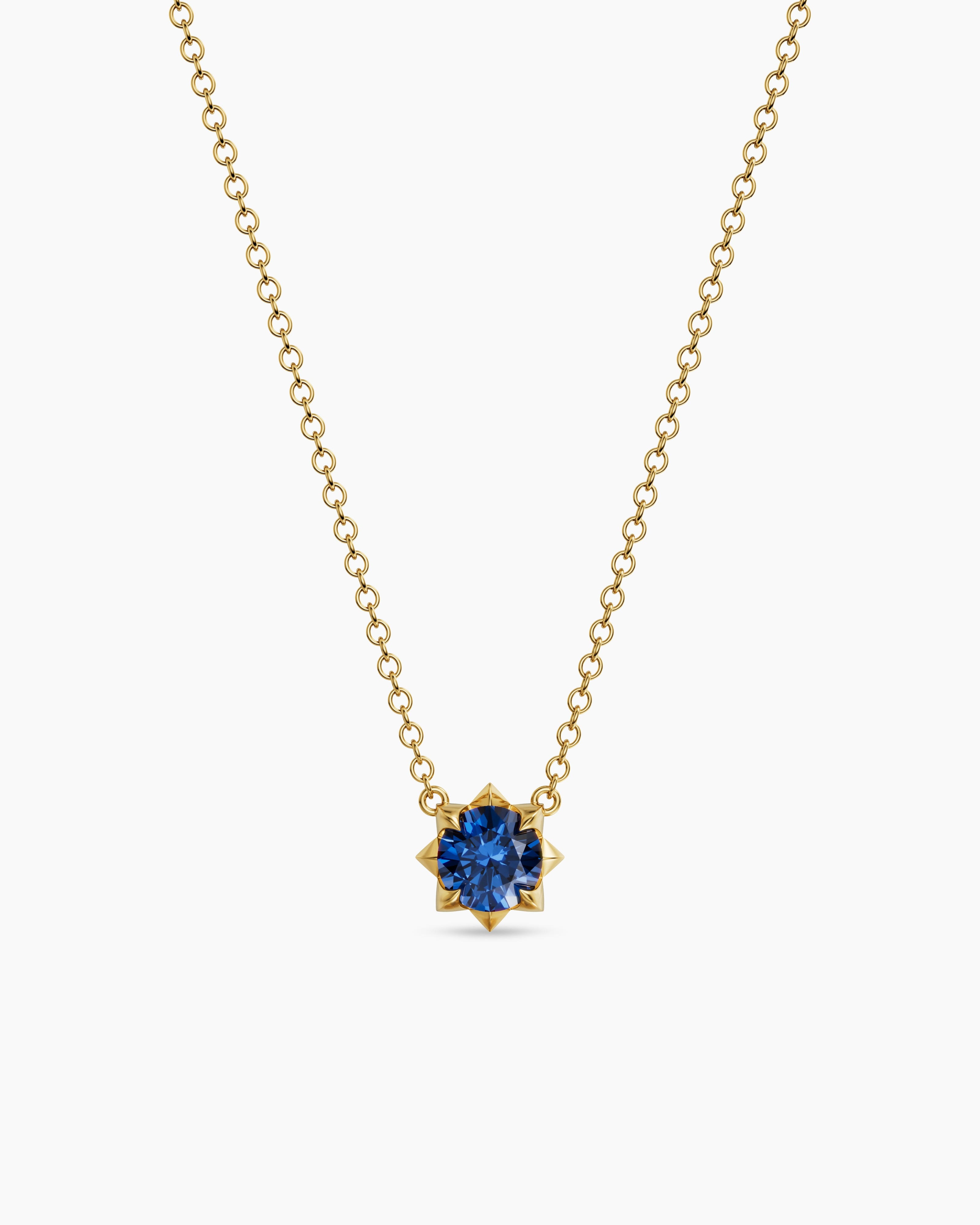 Womens Petite Pav&eacute; Pendant Necklace in 18K Yellow Gold with Blue Sapphire, 5mm
