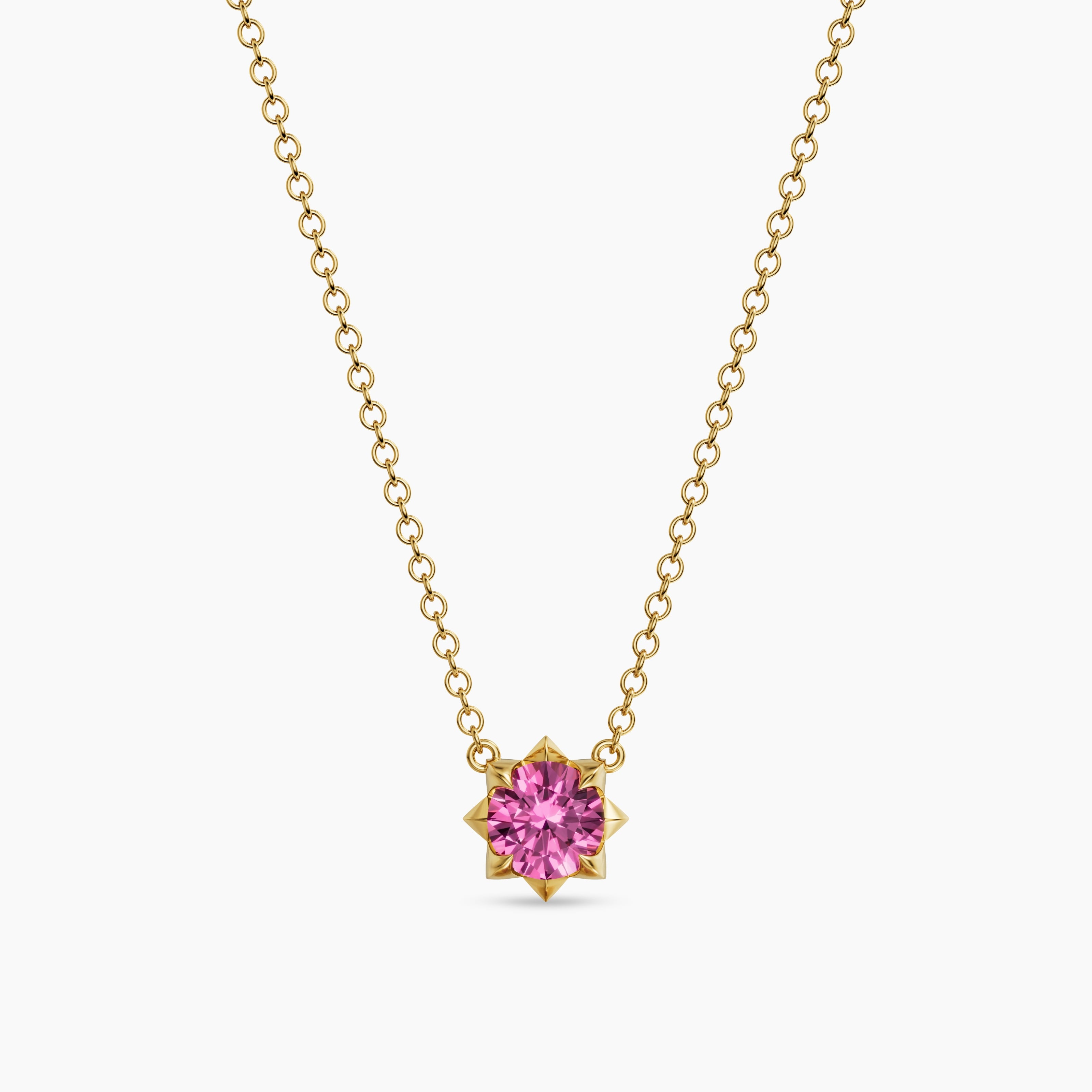 Womens Petite Pav&eacute; Pendant Necklace in 18K Yellow Gold with Pink Sapphire, 5mm