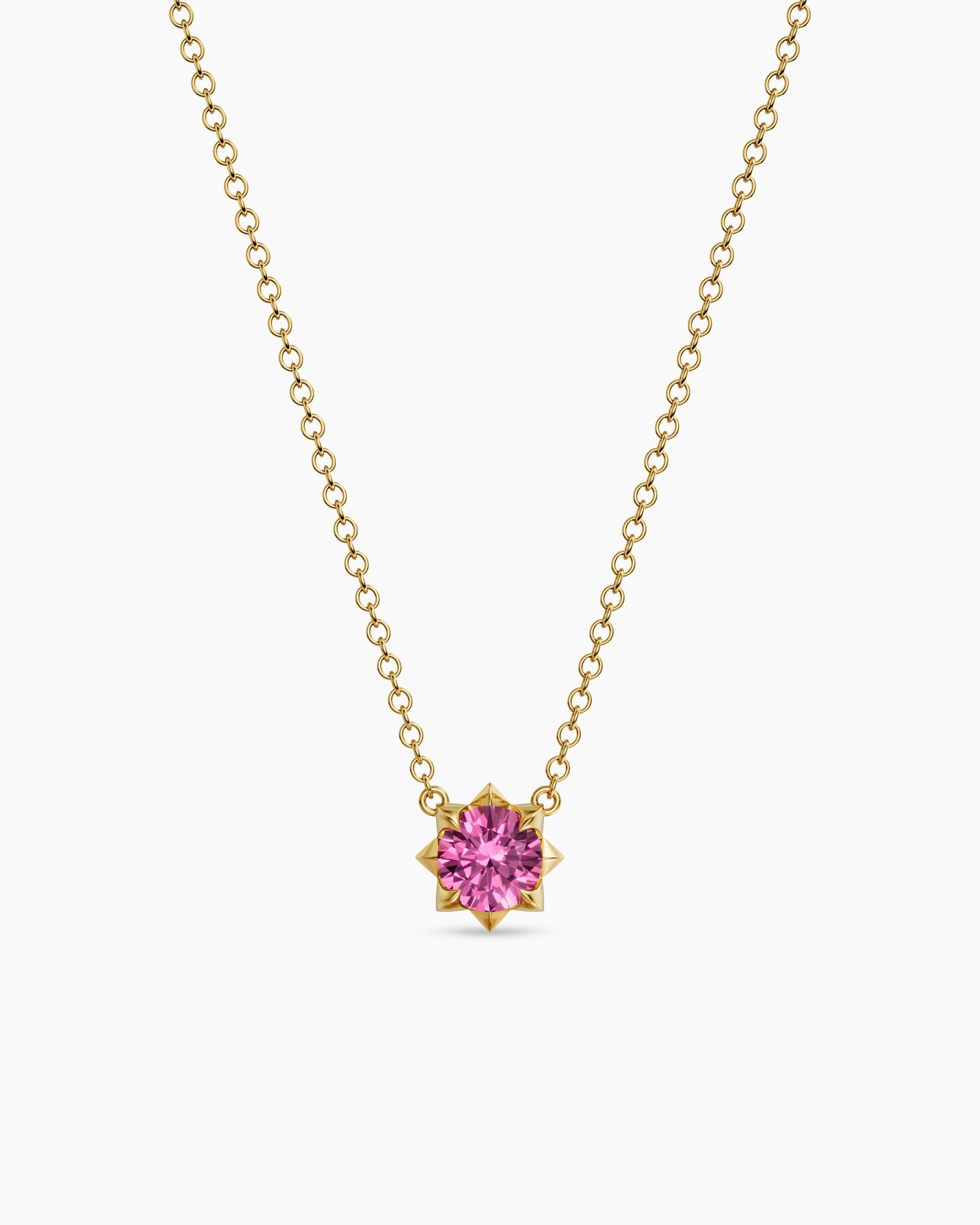 Womens Petite Pav&eacute; Pendant Necklace in 18K Yellow Gold with Pink Sapphire, 5mm