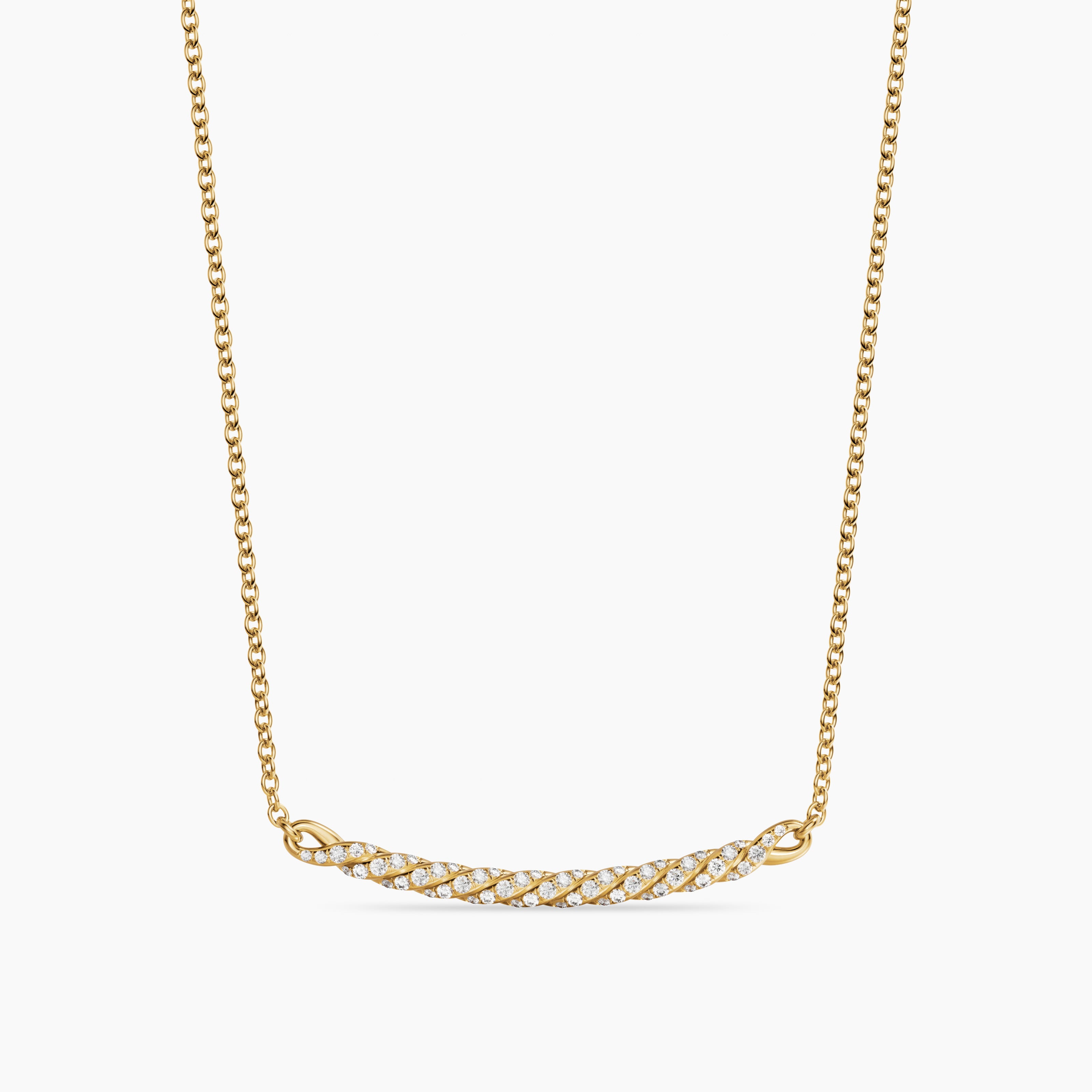 Womens Sculpted Cable Bar Necklace in 18K Yellow Gold with Diamonds, 2.7mm