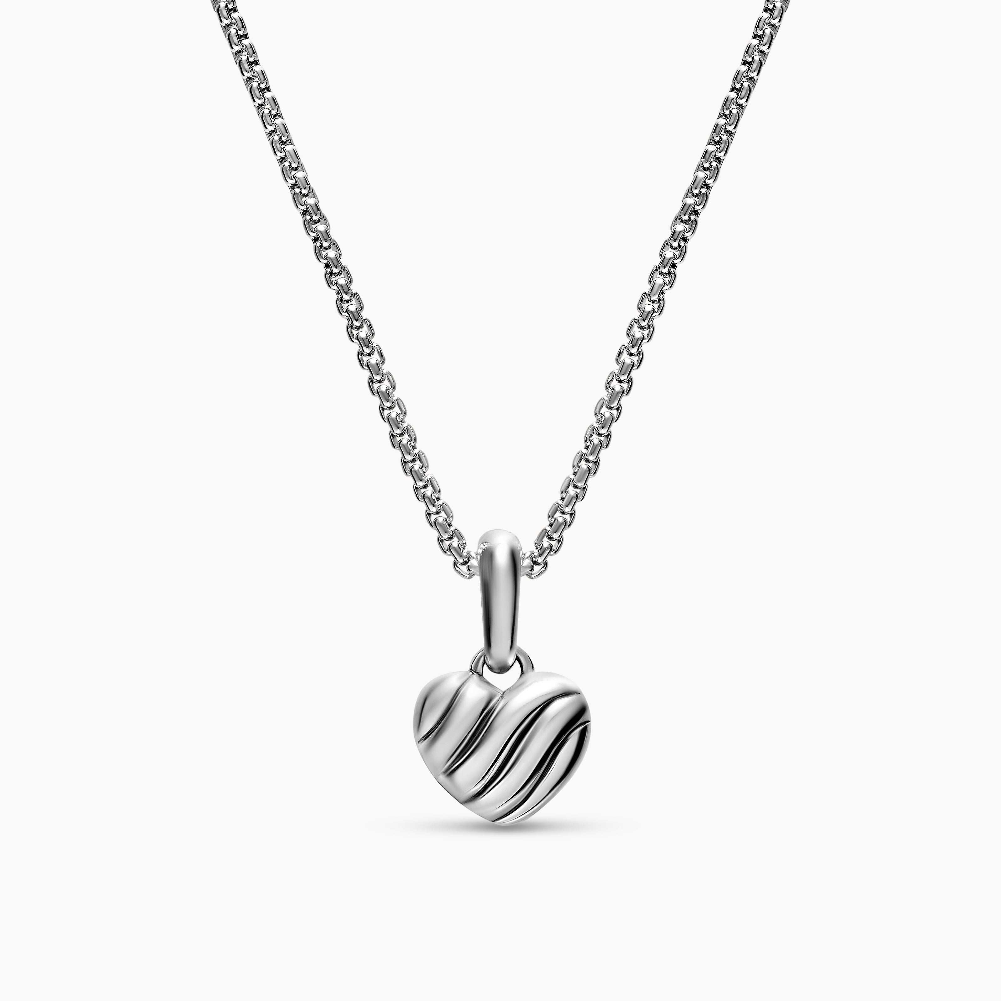 Womens Petite Puffy Cable Heart Necklace in Sterling Silver, 7.4mm