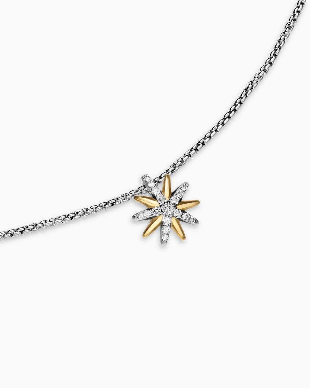 Womens Starburst Station Necklace in Sterling Silver with 18K Yellow Gold with Diamonds, 11.2mm