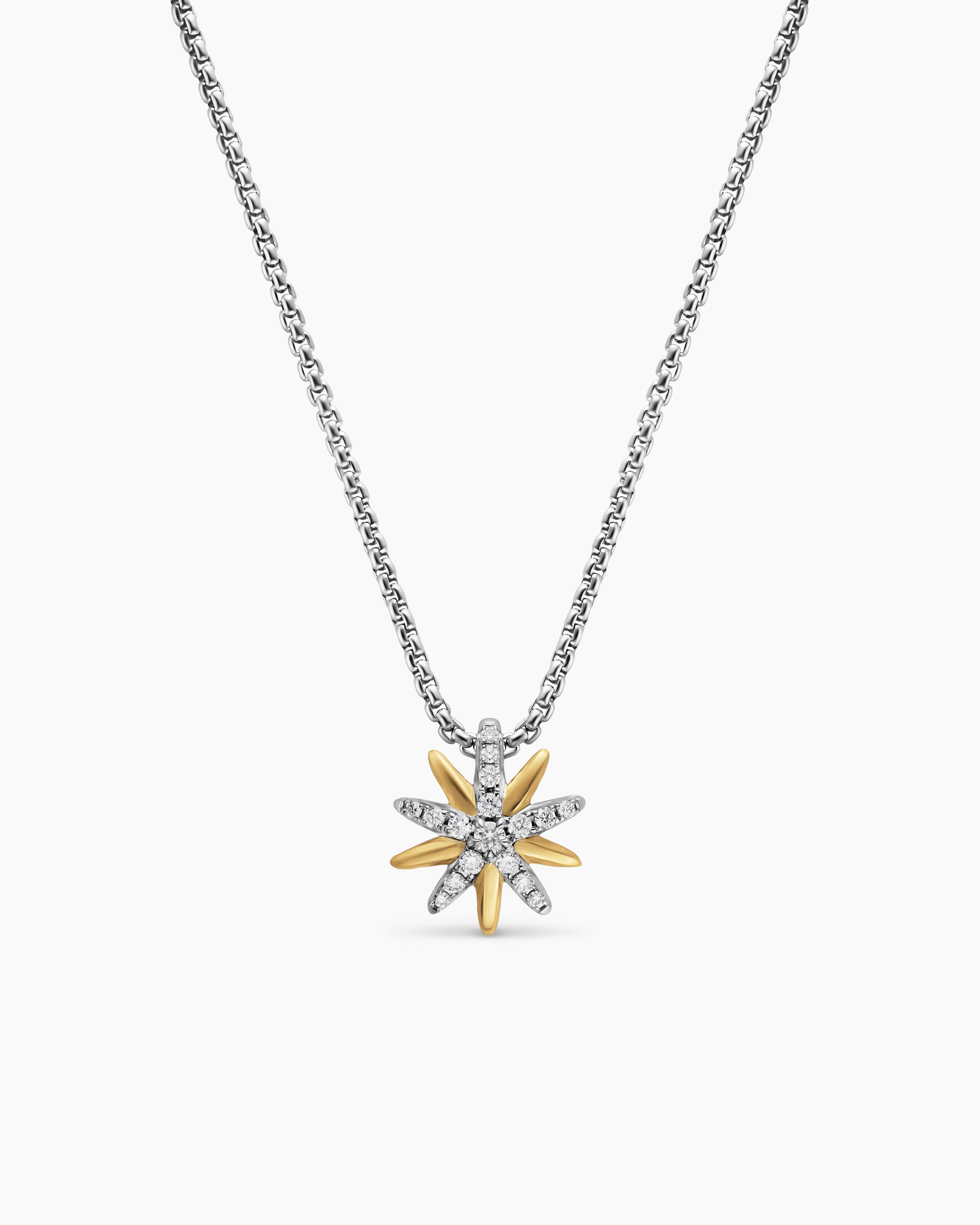 Womens Starburst Station Necklace in Sterling Silver with 18K Yellow Gold with Diamonds, 11.2mm