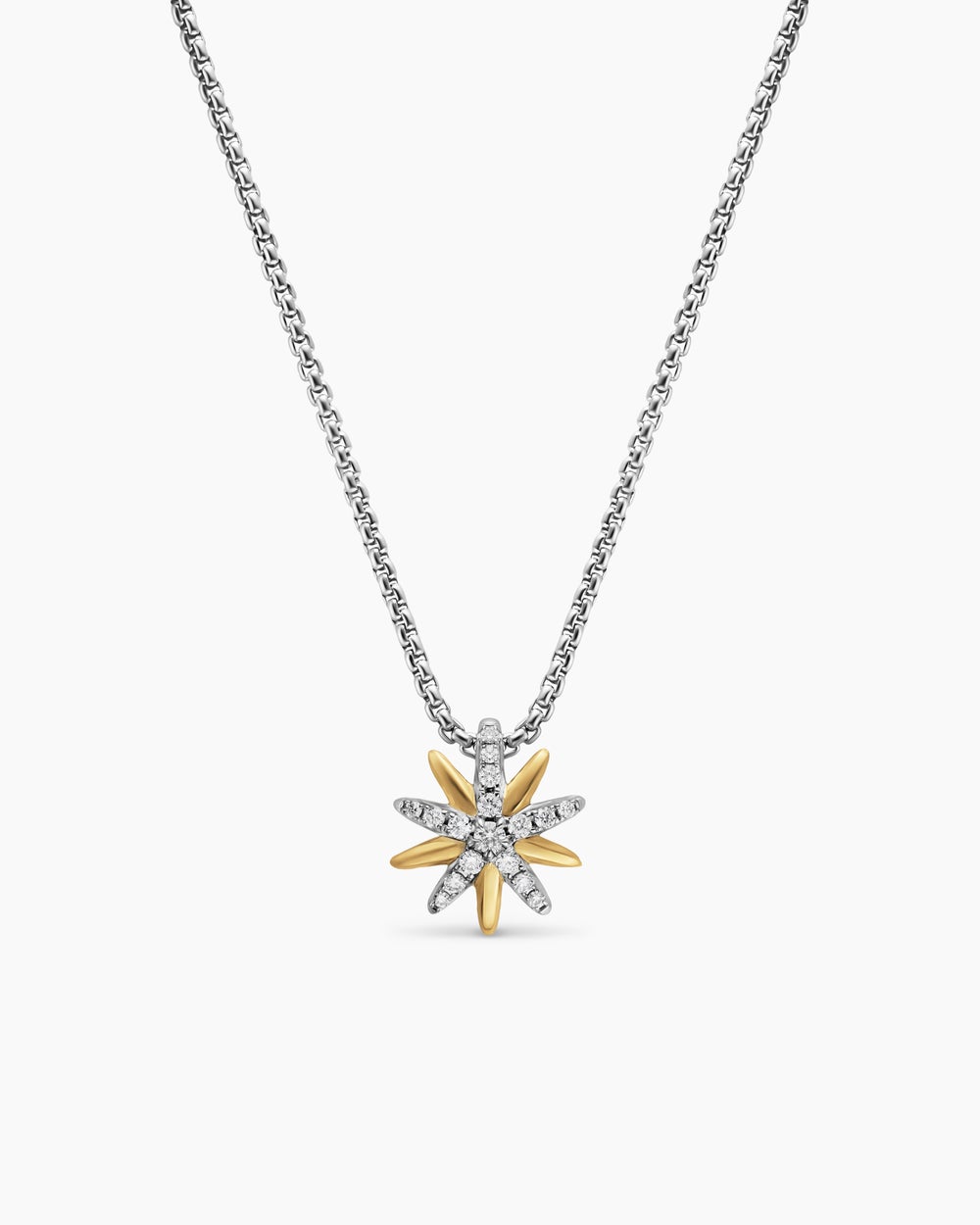 Womens Starburst Station Necklace in Sterling Silver with 18K Yellow Gold with Diamonds, 11.2mm