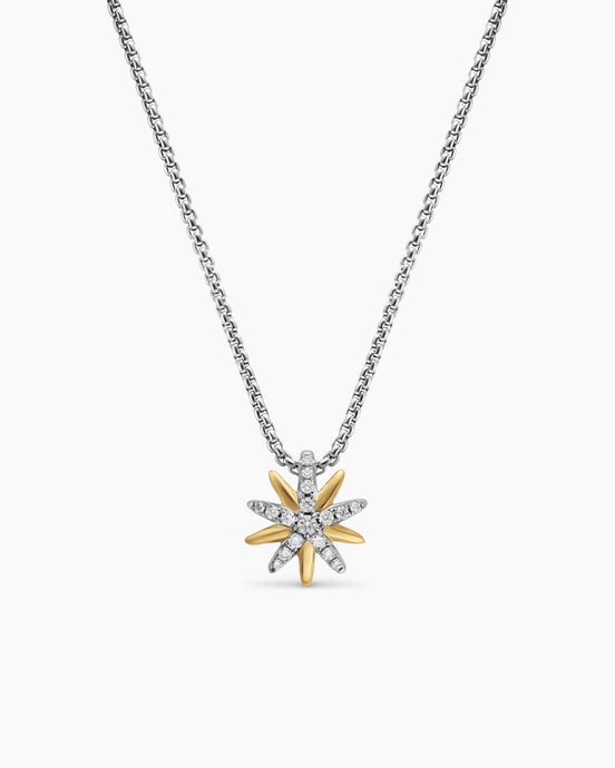 Starburst Station Necklace in Sterling Silver with 18K Yellow Gold and Diamonds, 11.2mm