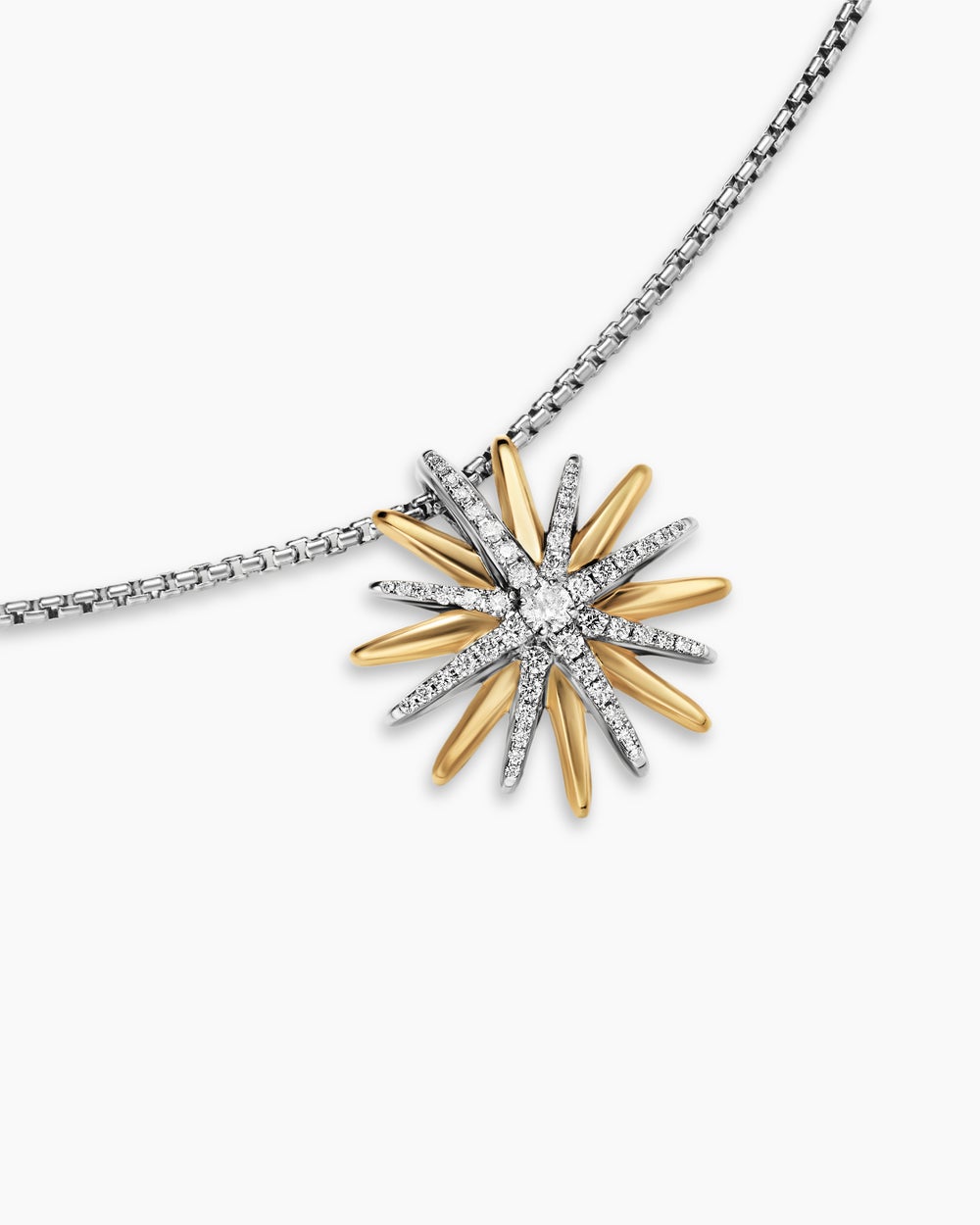 Womens Starburst Necklace in Sterling Silver with 18K Yellow Gold with Diamonds, 21mm