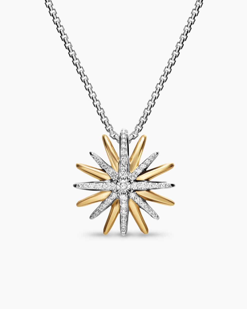 Womens Starburst Necklace in Sterling Silver with 18K Yellow Gold with Diamonds, 21mm