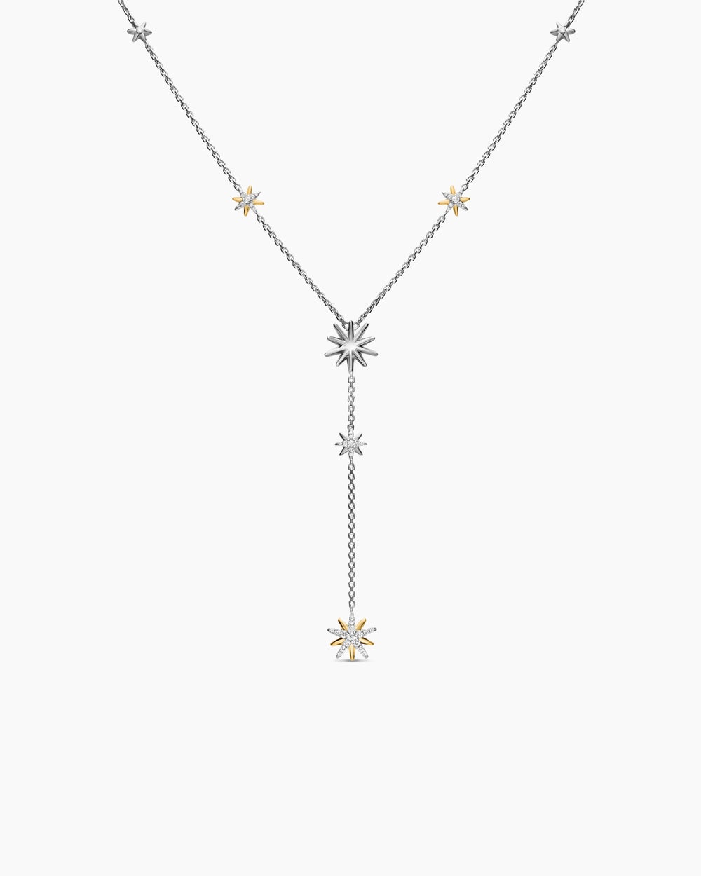 Womens Starburst Y Necklace in Sterling Silver with 18K Yellow Gold and Diamonds, 76.7mm
