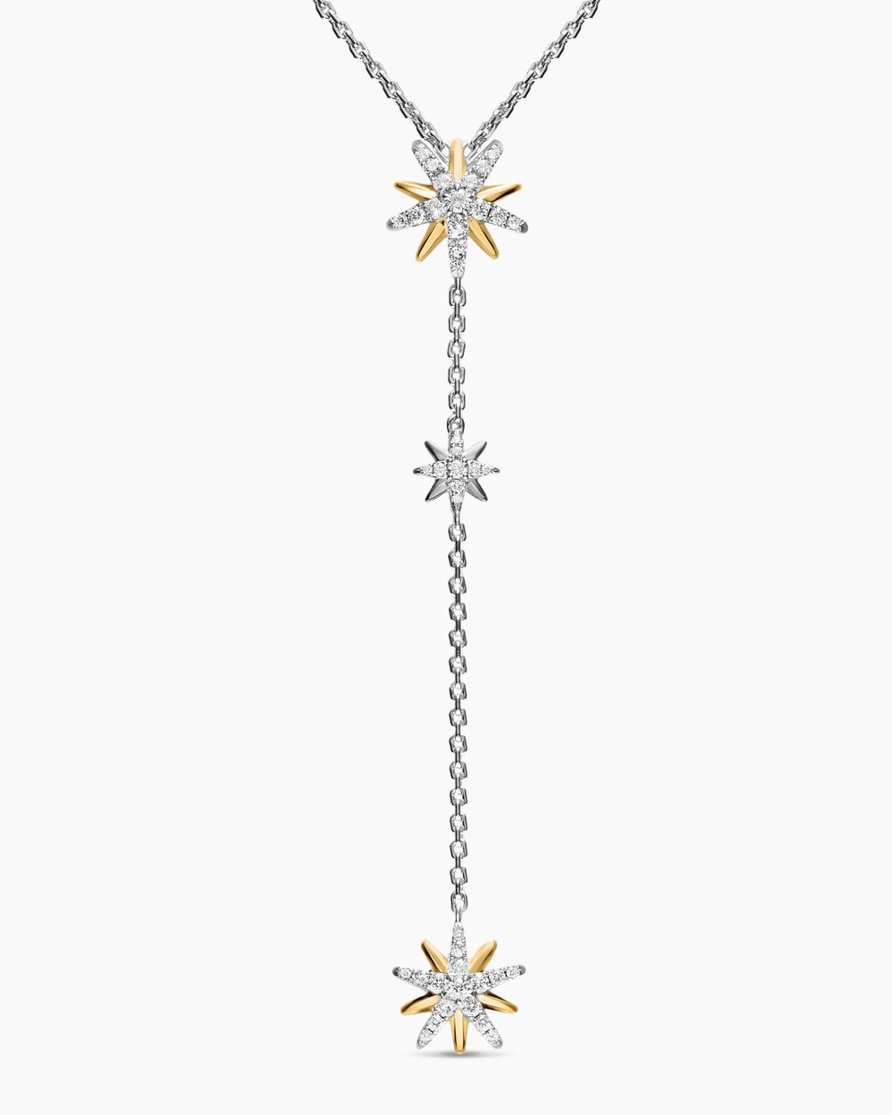 Womens Starburst Y Necklace in Sterling Silver with 18K Yellow Gold and Diamonds, 76.7mm
