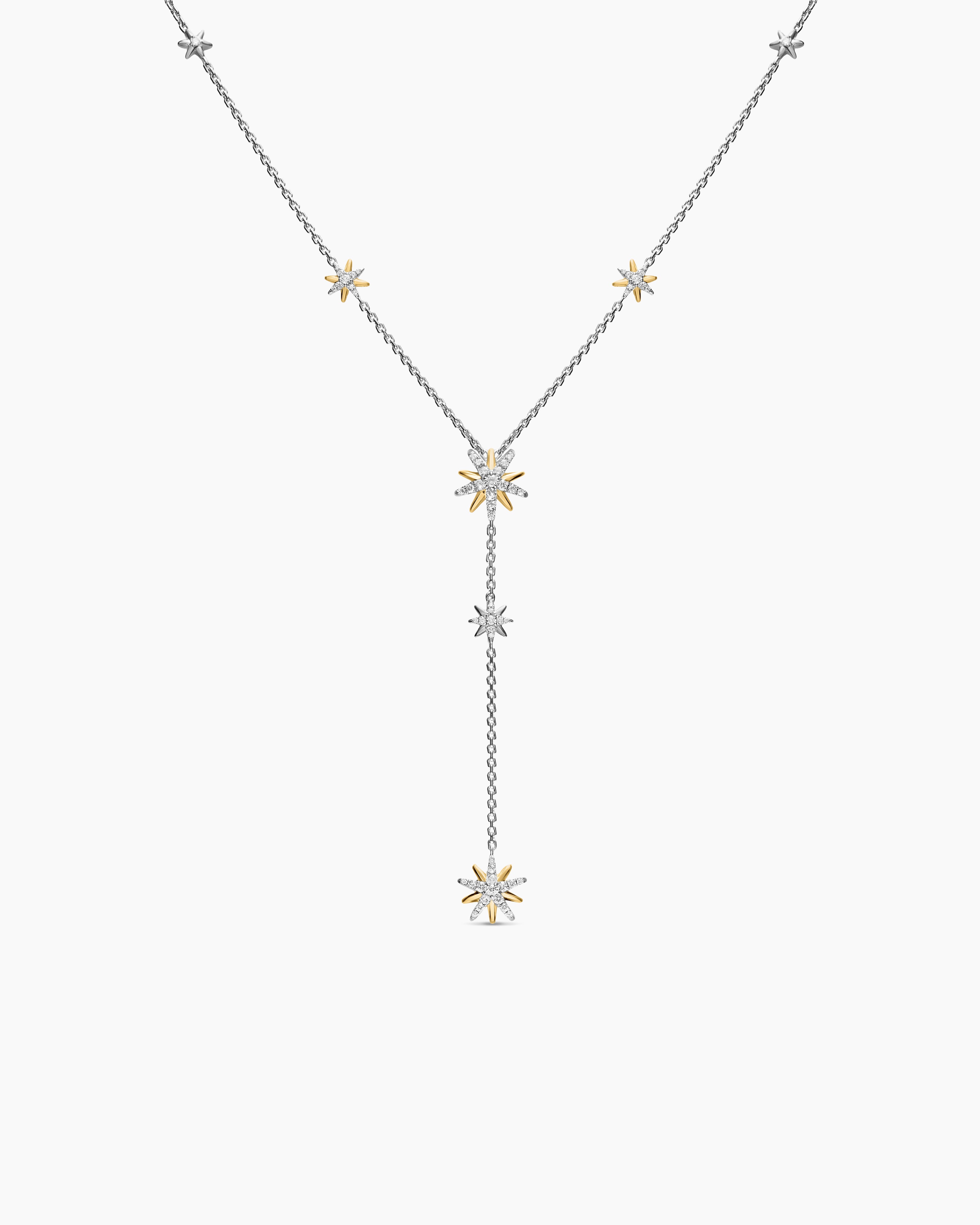 Womens Starburst Y Necklace in Sterling Silver with 18K Yellow Gold and Diamonds, 76.7mm