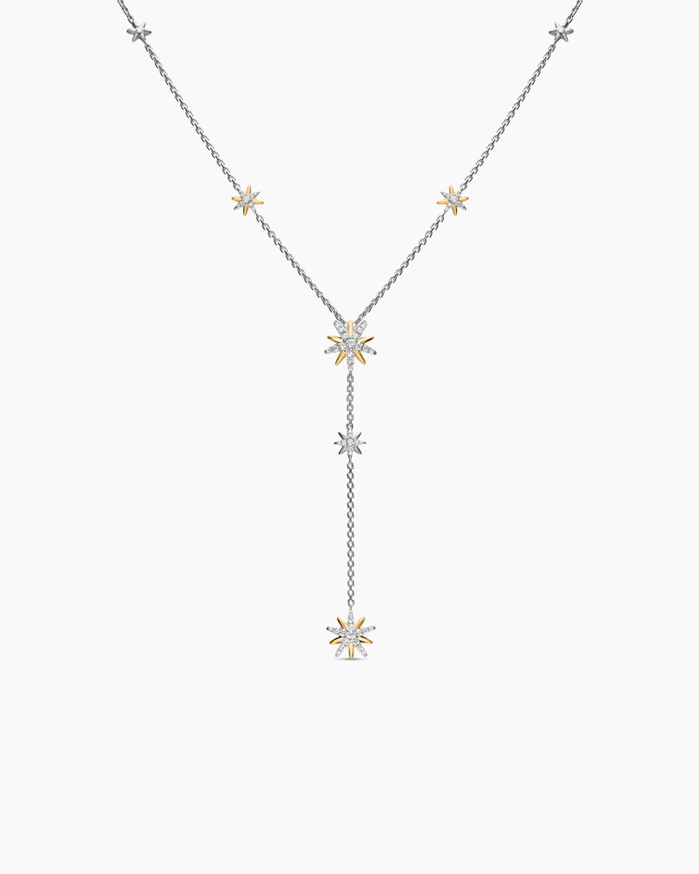Womens Starburst Y Necklace in Sterling Silver with 18K Yellow Gold and Diamonds, 76.7mm