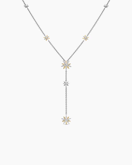 Starburst Y Necklace in Sterling Silver with 18K Yellow Gold and Diamonds, 76.7mm