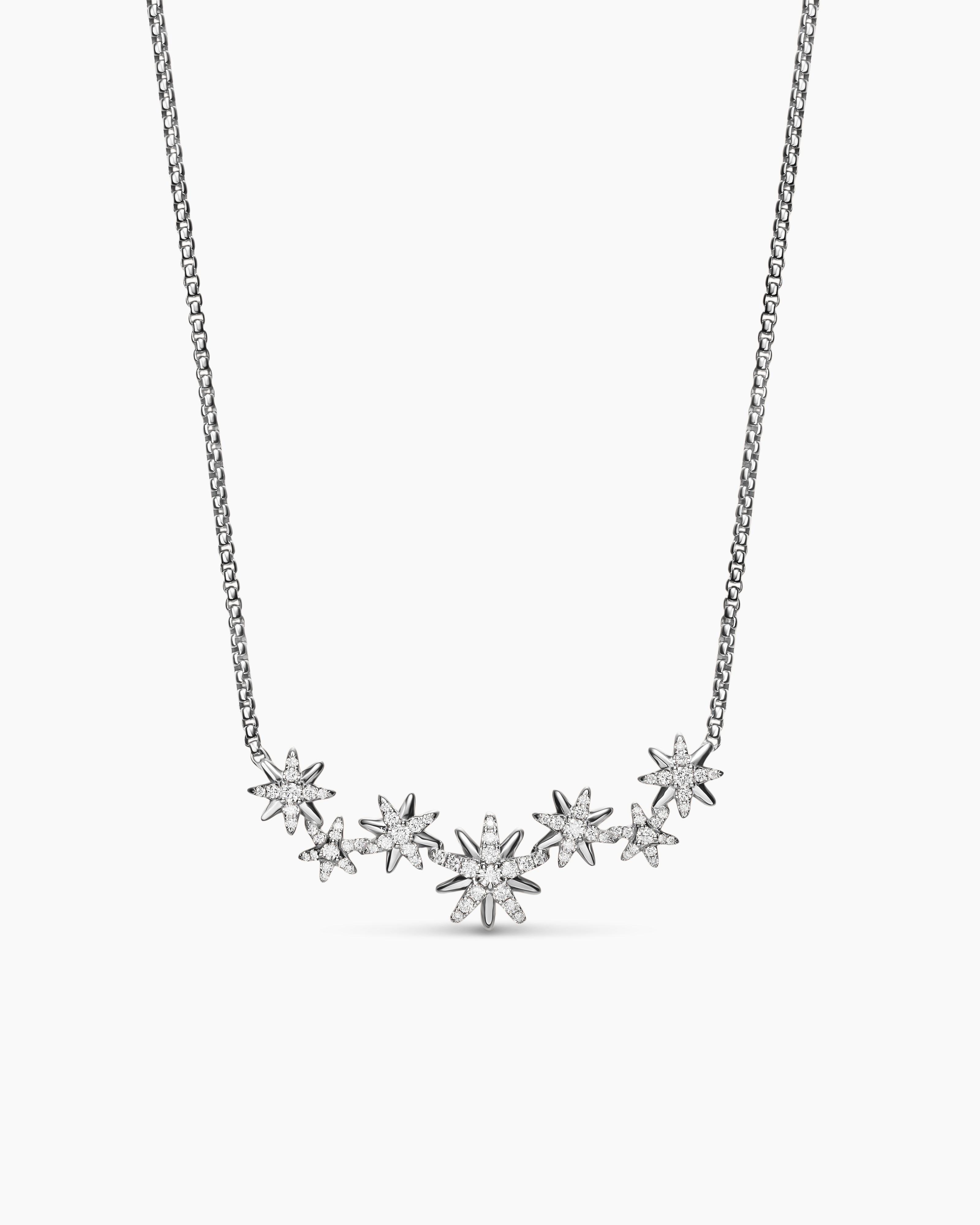 Womens Starburst Cluster Necklace in Sterling Silver with Diamonds, 15.5mm