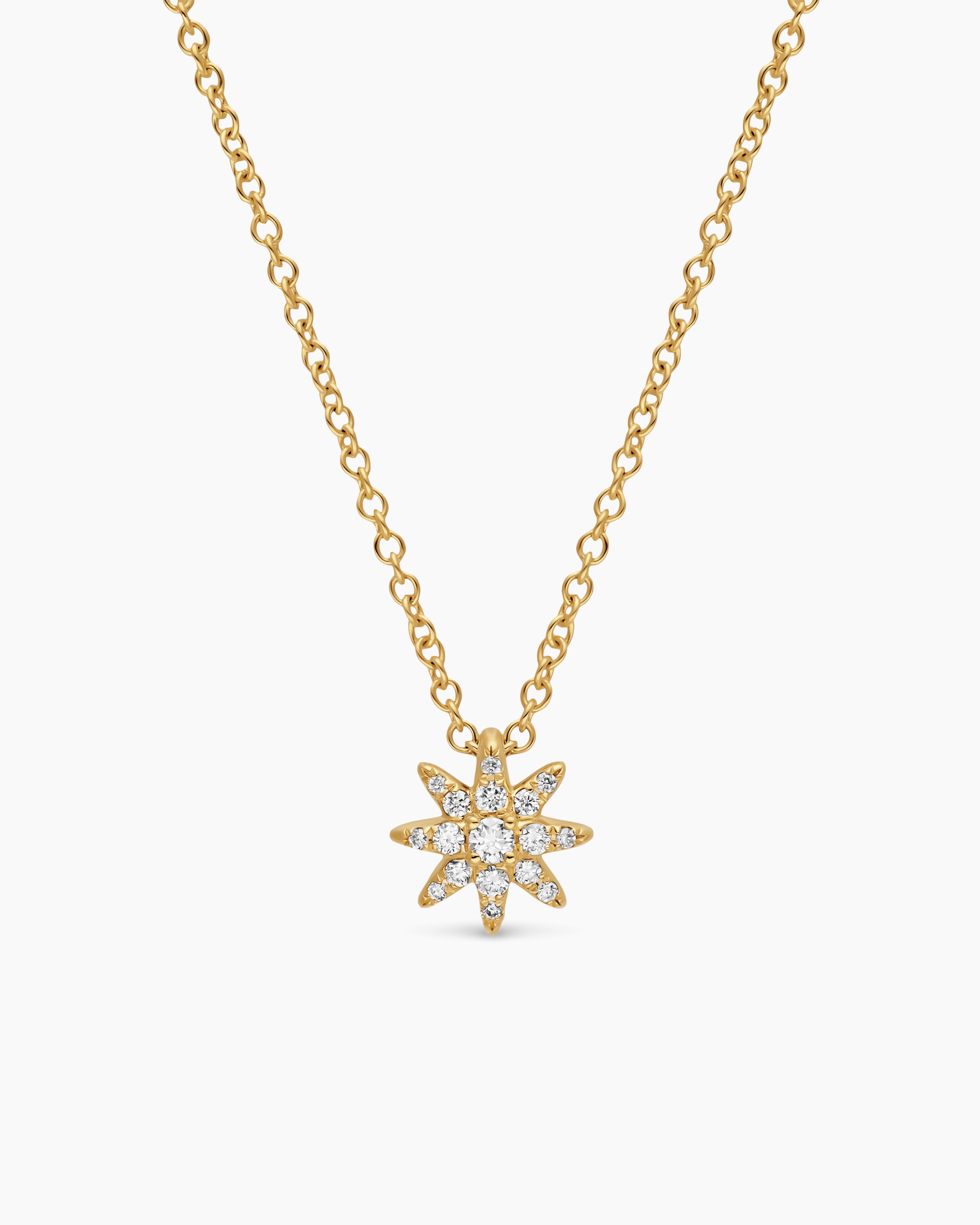 Womens Petite Starburst Station Necklace in 18K Yellow Gold with Diamonds, 7mm