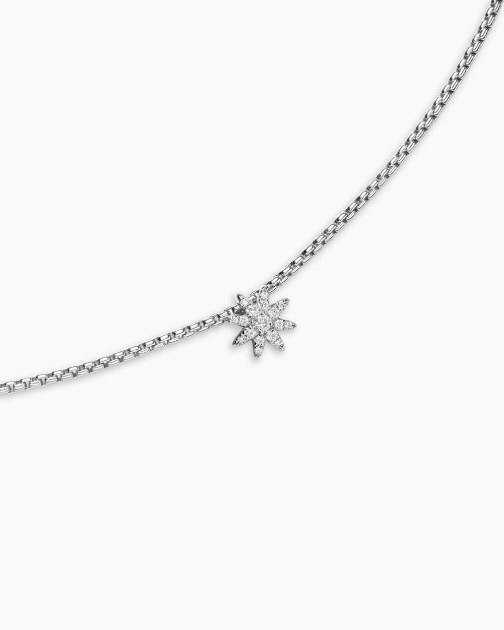 Womens Petite Starburst Station Necklace in Sterling Silver with Diamonds, 7mm